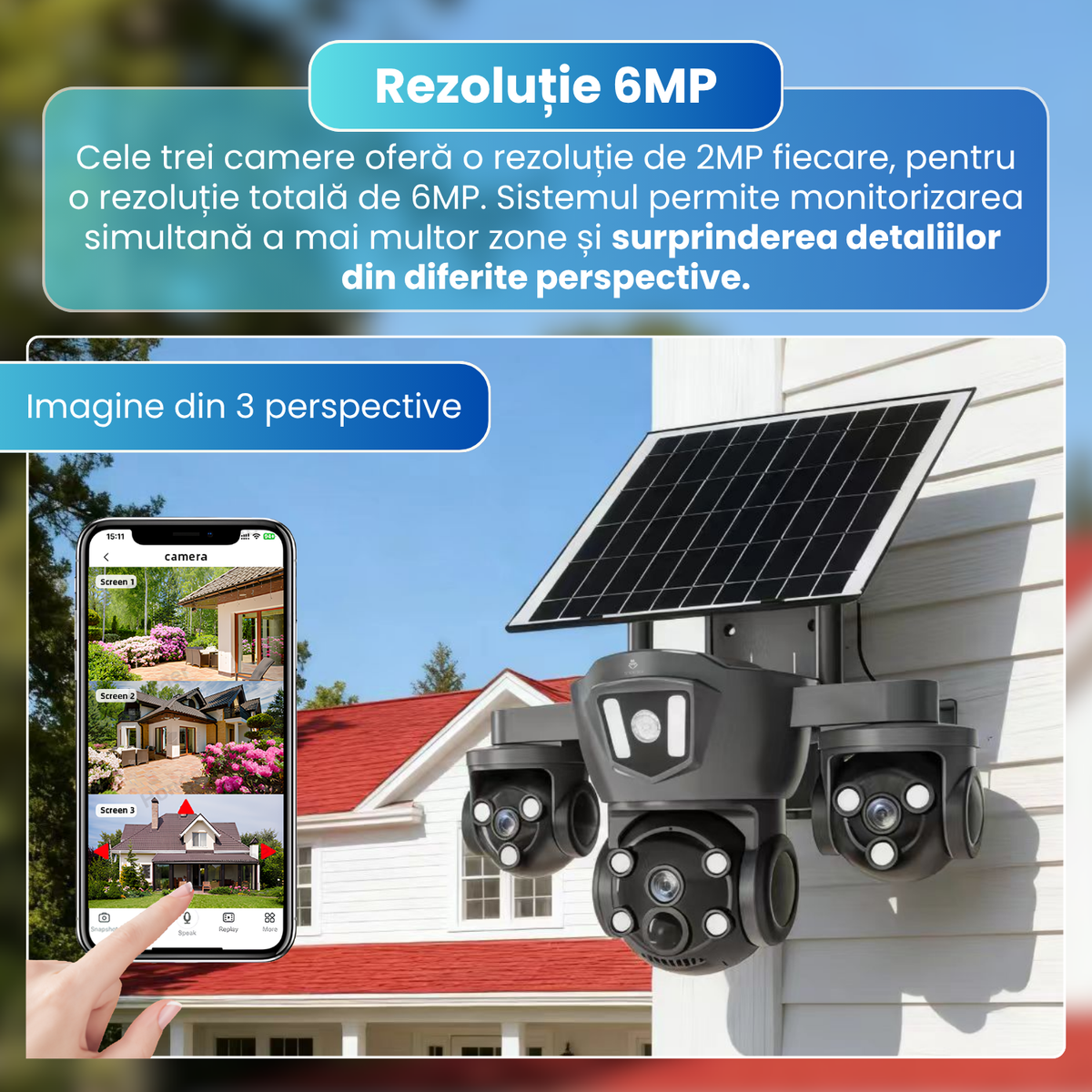 Camera de supraveghere exterior 4G, 3 lentile 6MP, 3 ecrane, PTZ 270°, detectare AI persoane, Motion Tracking, vedere nocturna color, panou solar 8W, baterie 8000mAh, audio bidirectional, negru