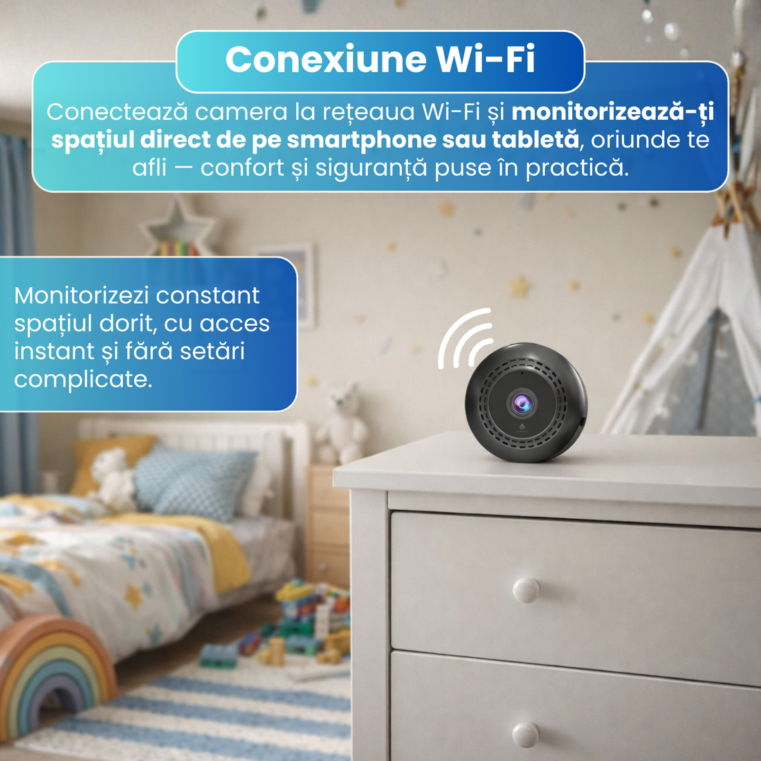Mini camera spion C2+, WiFi, rezolutie 720P, cu vedere nocturna, detectie miscare, microfon, suport magnetic, baterie 300 mAh