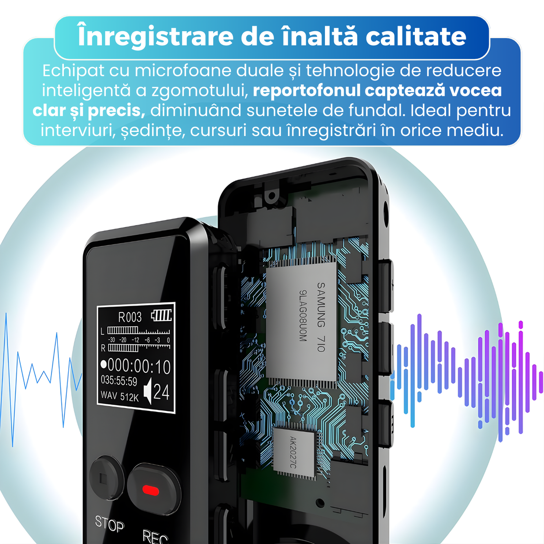 Reportofon digital profesional cu activare vocala V90, monitorizare live, inregistrare programata, reducere inteligenta a zgomotului DSP, A-B loop, segmentare inteligenta, player MP3, negru