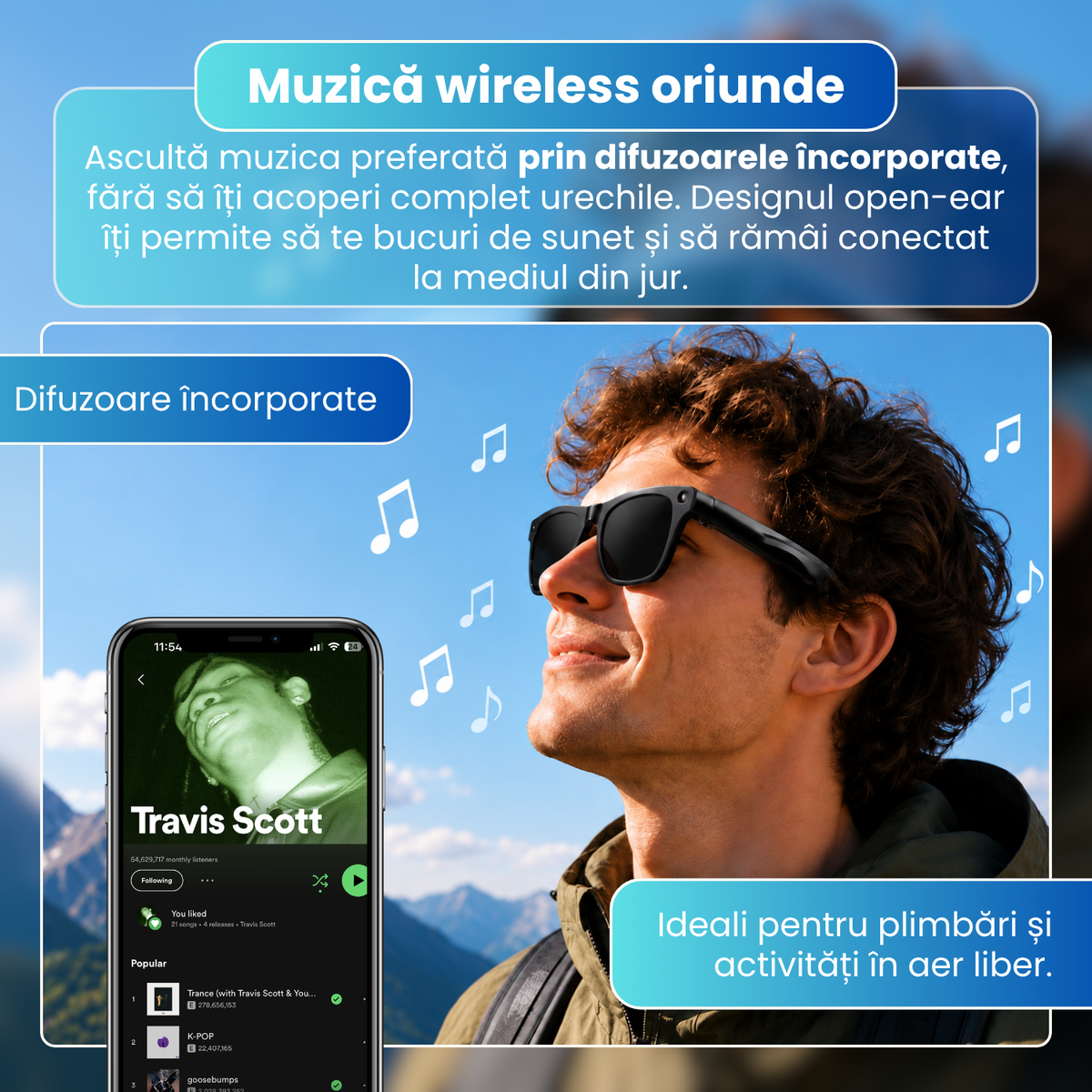 Ochelari inteligenti cu camera 8 MP, traducere AI, audio wireless, microfon integrat, asistenta AI, baterie 290 mAh, rama PC, 40 g, negru