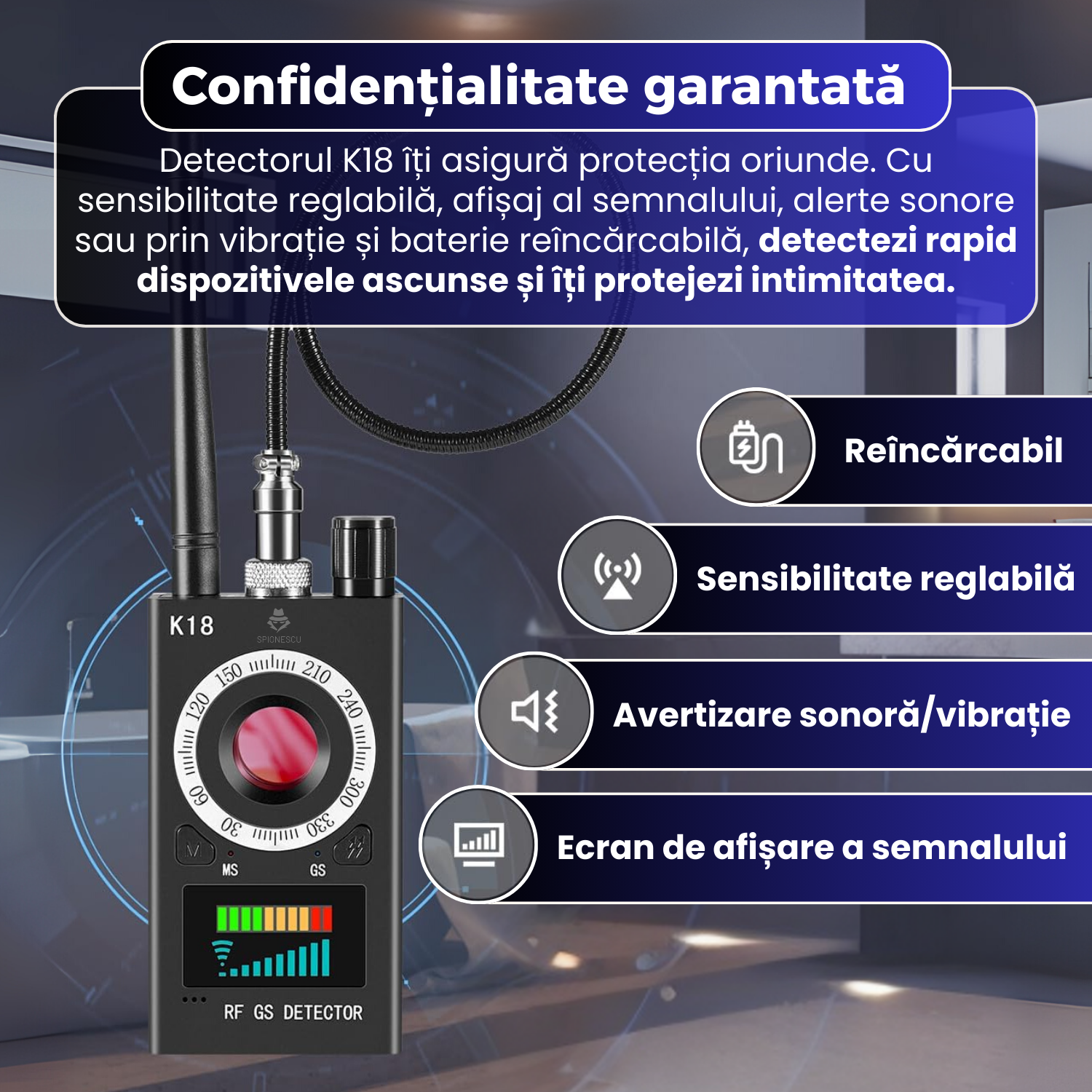 Detector dispozitive spionaj K18, camere ascunse, microfoane, localizatoare GPS, detectie RF 1MHz–6.5GHz, autonomie mare, sensibilitate reglabila, LED rosu, protectie intimitate