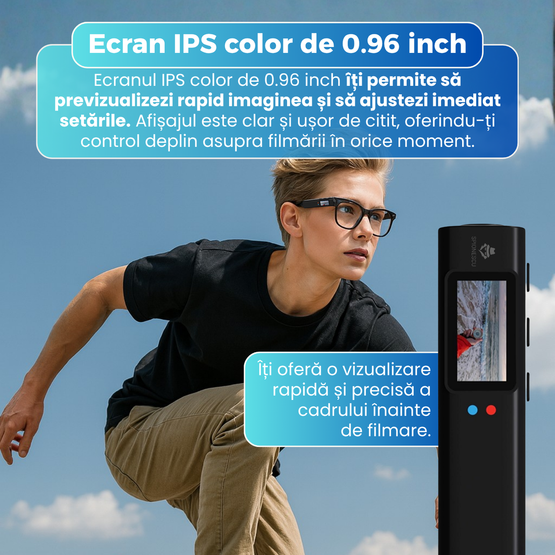 Ochelari cu camera FPV 2.7K, S110, ecran IPS, lentila wide-angle 110°, fotografiere 12MP, hotspot WiFi, structura ultra-usoara 21 g, autonomie 1 ora, inregistrare in bucla