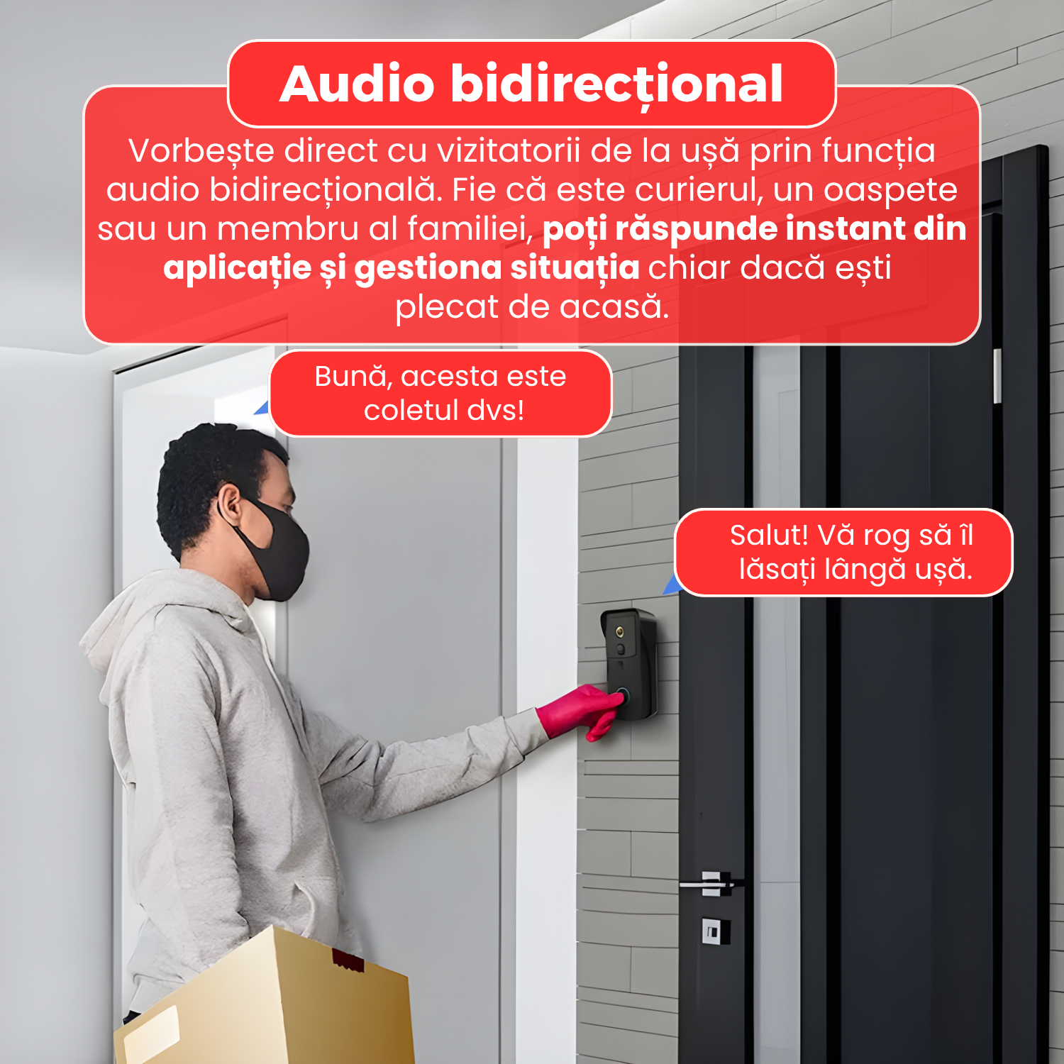 Sonerie video inteligenta WiFi 2.4G/5G, rezistenta la apa IP65, camera HD cu viziune nocturna IR, unghi 166°, detectie miscare PIR, audio bidirectional, compatibila cu aplicatia Tuya Smart, baterie 5200 mAh, negru