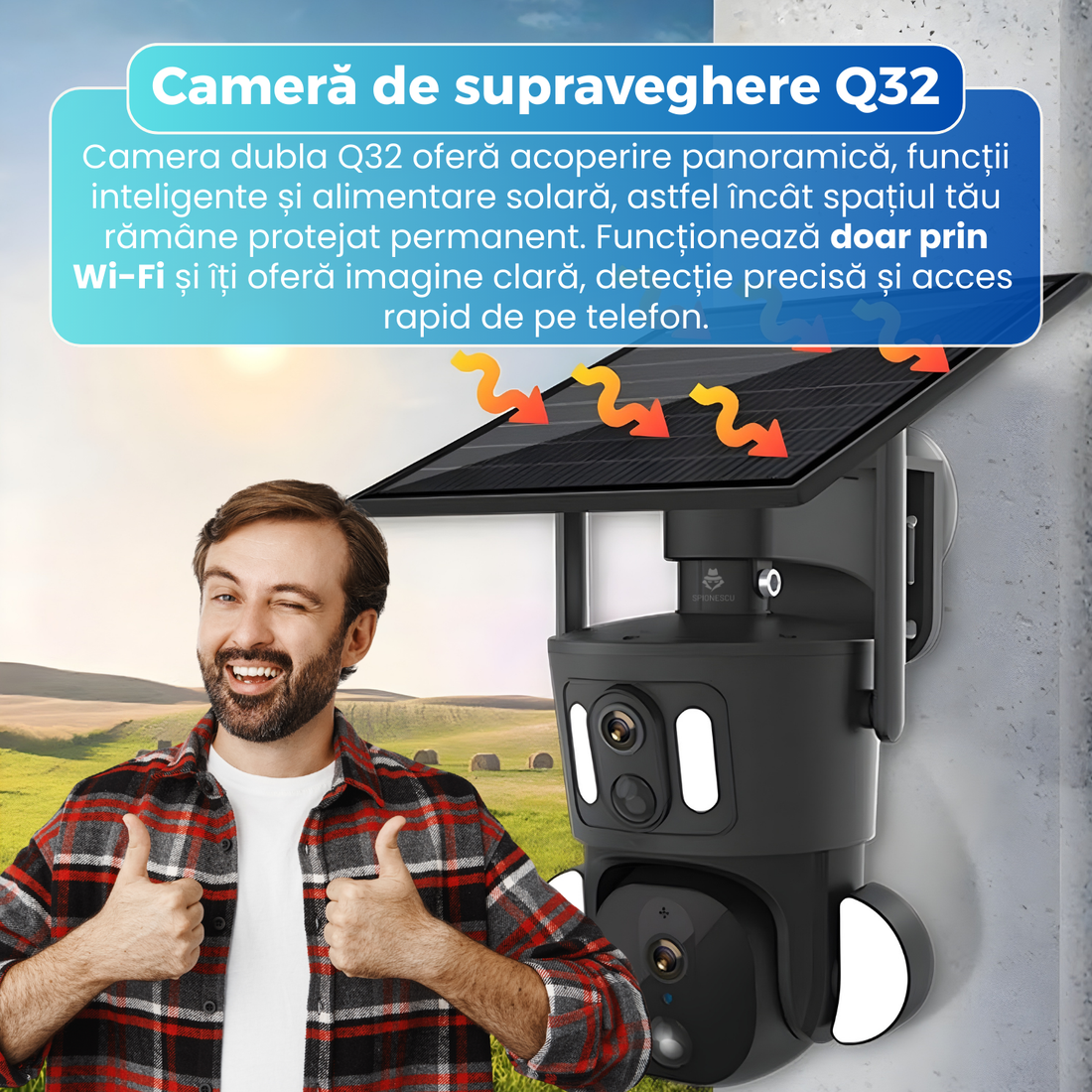 Camera de supraveghere dubla, Q32, WIFI, 4MP, PTZ, CCTV, IP 66, panou solar 9W, vedere panoramica 360º, detectare AI, night vision color, infrarosu, comunicare bidirectionala, negru