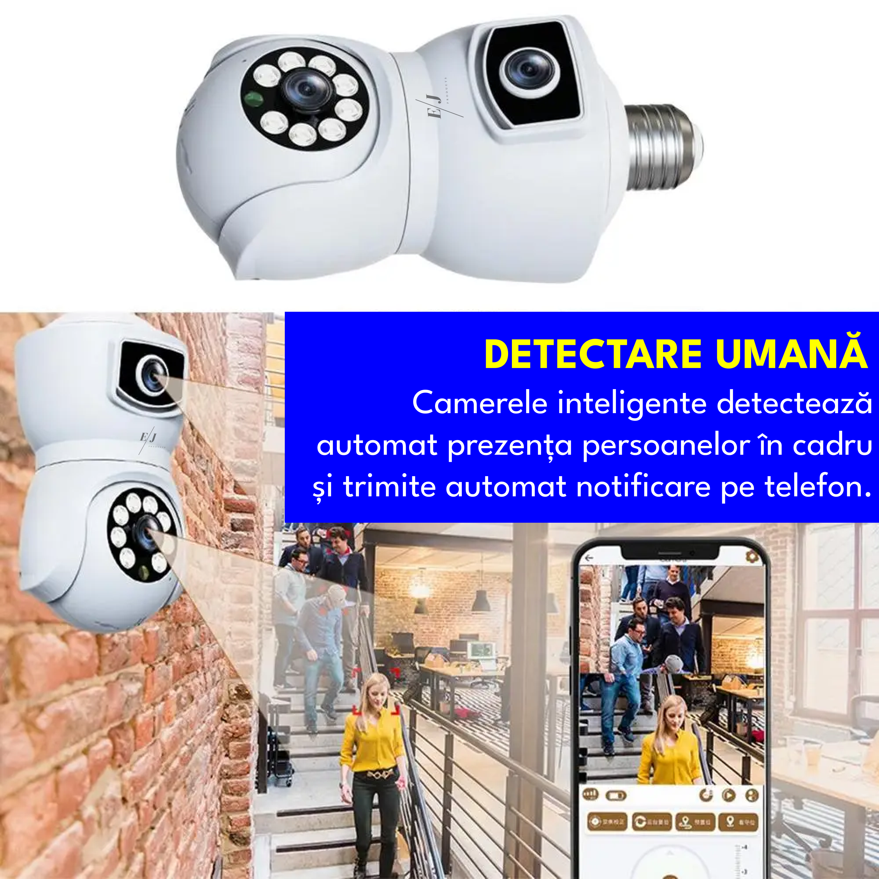Camera de supraveghere dubla tip bec, E9, V380 PRO,  4MP, 360° panoramic, 1080P, port microSD, detectare a miscarii, alarma, vedere nocturna, PTZ, WiFi, alb