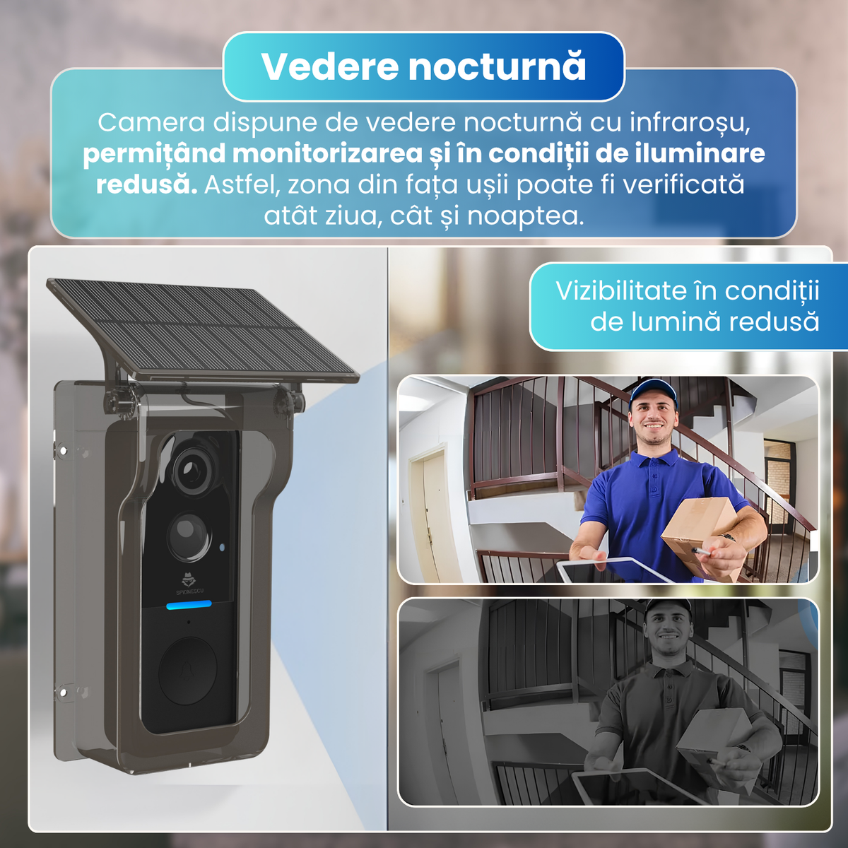 Sonerie video inteligenta wireless cu camera, 2MP, WiFi, Tuya, Full HD 720P, monitorizare live pe telefon, detectare miscare, vedere nocturna IR, interfon video, baterie 4000mAh, incarcare solara, IP65, Chime inclus, negru