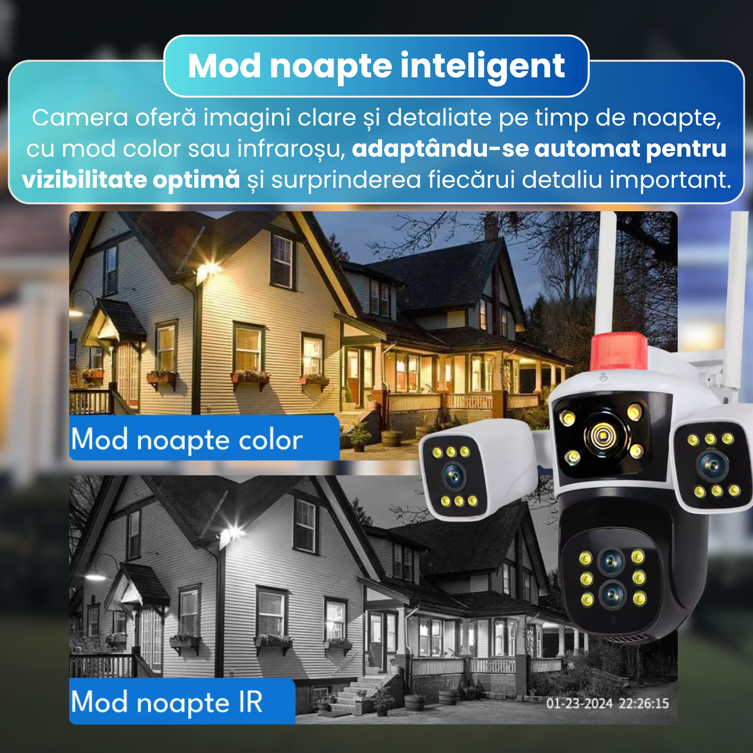 Camera de supraveghere WiFi cu 3 lentile, P8,  rotatie panoramica, vedere nocturna IR, detectie misc