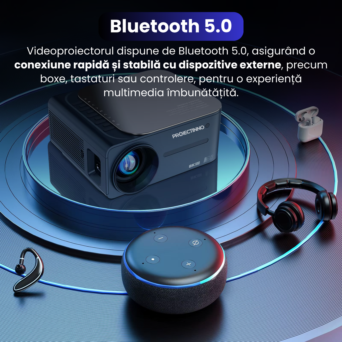 Videoproiector 3D, Full HD 1080p (suport semnal 4K), M8, Proiectinno, 16 GB, Android 9.0, Bluetooth 5.0, WiFi 2.4G/5G, audio Dolby, corectie trapezoidala, 400 ANSI, portabil, negru