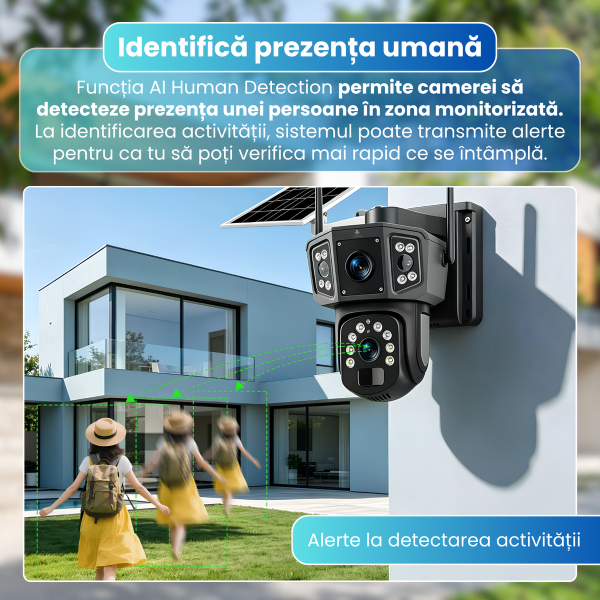 Camera de supraveghere exterior 4G cu panou solar, 6MP Dual Lens, PTZ 355°, detectare PIR persoane, vedere nocturna color, audio bidirectional, baterie 8000mAh, IP66, negru