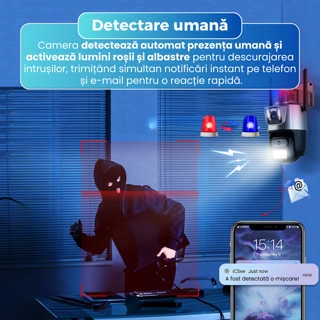 Camera de supraveghere dubla, Q322, WIFI, 6MP, exterior, IP 66, AI, leduri lumina, comunicare bidirectionala, alarma, senzor miscare,exterior