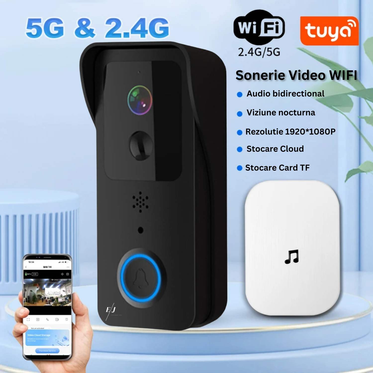 Sonerie inteligenta video cu alarma, rezistenta la apa, infrarosu night vision, sunet bidirectional, acumulatori inclusi, wireless 2.4G si 5G, control aplicatie, negru