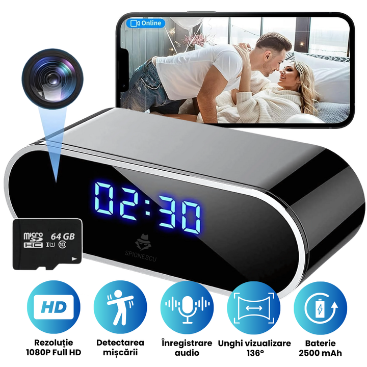 Ceas cu camera ascunsa audio-video, WiFi, HD, detectarea miscarii pe iOS, night vision