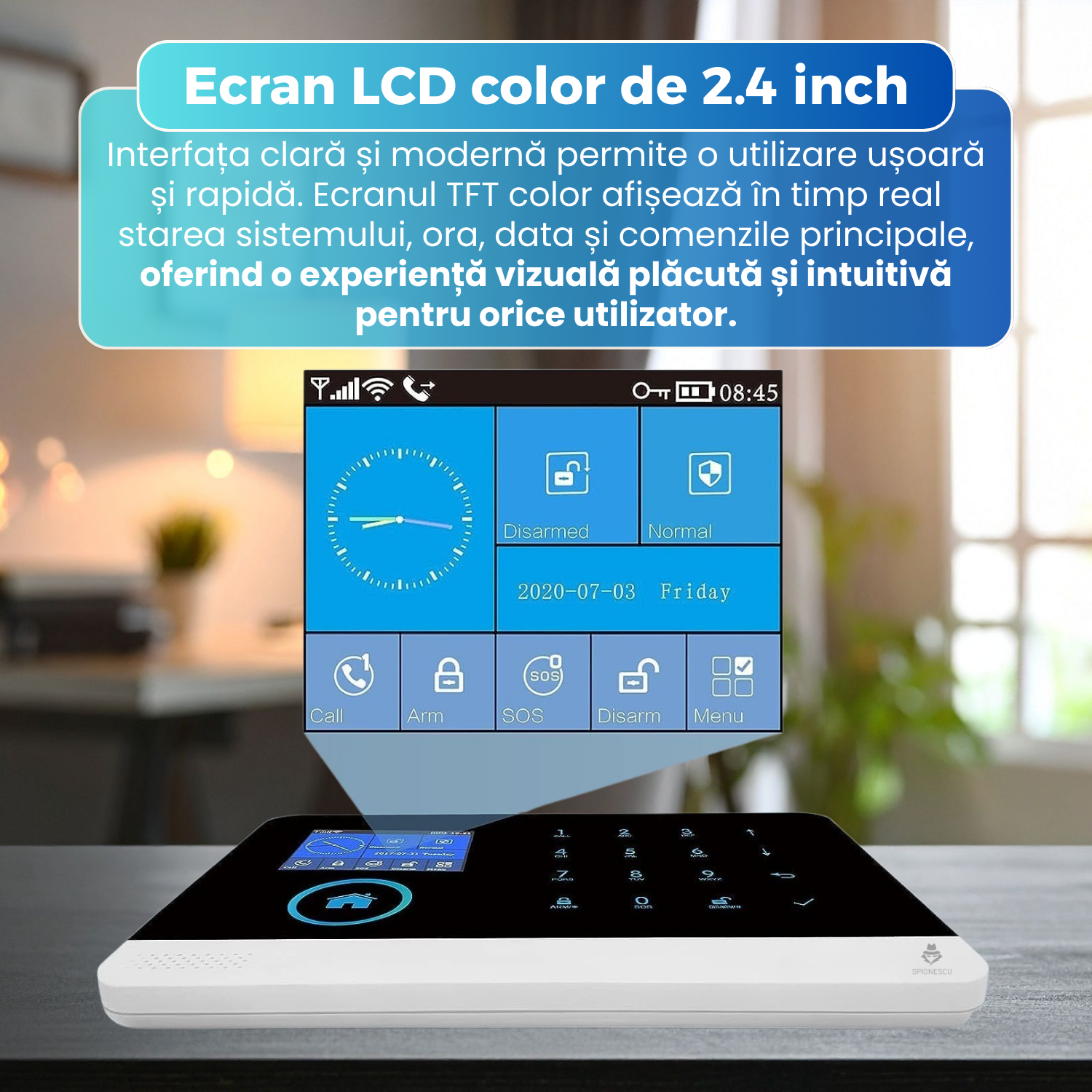 Sistem de alarma wireless inteligent, ACJ-401, WiFi si GSM, ecran color touchscreen, control prin aplicatie Tuya Smart / Smart Life, apel SMS notificari, suport senzori PIR, usa, fum, gaz, RFID, alb
