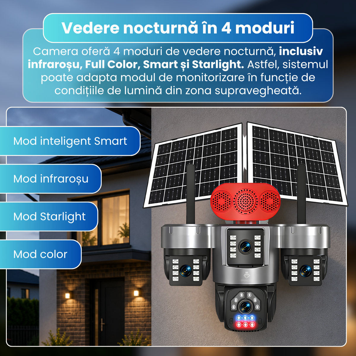Camera de supraveghere exterior 4G, 4 lentile 20MP, AOV 24/24, PTZ, zoom digital 12X, detectare AI persoane, Motion Tracking, vedere nocturna 4 moduri, alarma luminoasa si sonora, panou solar 15W, baterie 12000mAh, audio bidirectional, negru