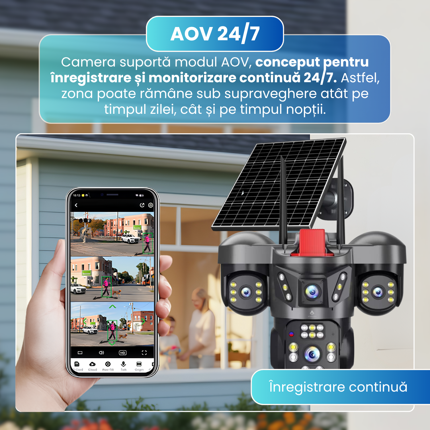 Camera de supraveghere exterior 4G, 3 lentile 12MP, 3 ecrane, AOV 24/7, PTZ, Motion Tracking, detectare AI persoane, vedere nocturna Full Color pana la 15 m, audio bidirectional, panou solar 8W, baterie 8000mAh, negru