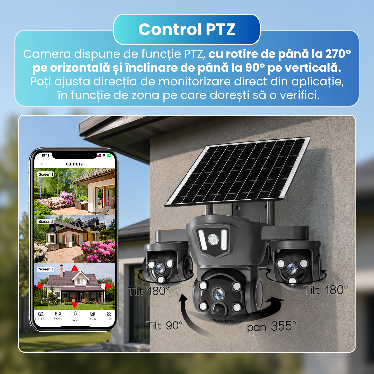 Camera de supraveghere exterior 4G, 3 lentile 6MP, 3 ecrane, PTZ 270°, detectare AI persoane, Motion Tracking, vedere nocturna color, panou solar 8W, baterie 8000mAh, audio bidirectional, negru