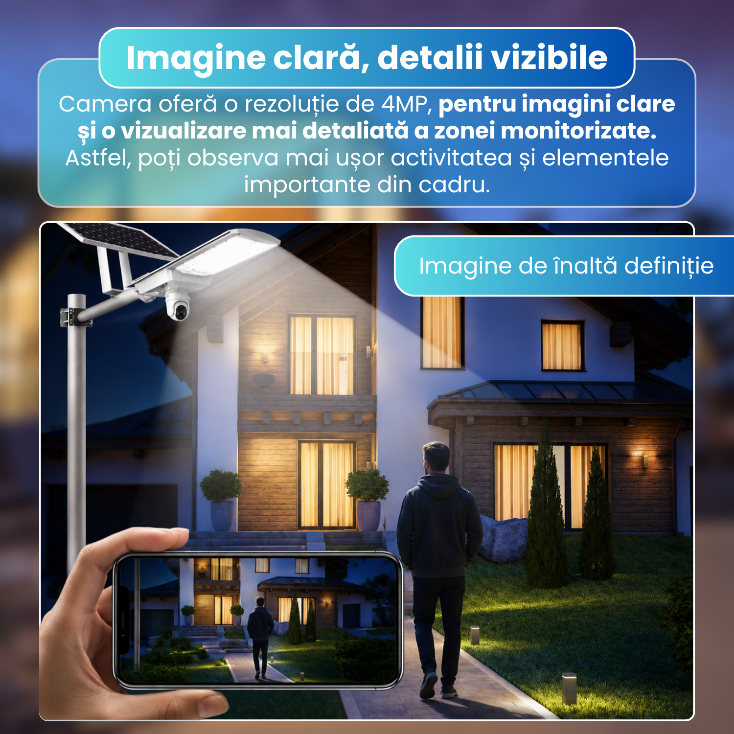 Lampa stradala LED cu camera supraveghere 4G, 4MP, PTZ 340°, urmarire automata, panou solar monocristalin 42W, baterie 42Ah, 78 LED-uri 5054, senzor PIR, vedere nocturna color si IR, audio bidirectional, IP65, gri