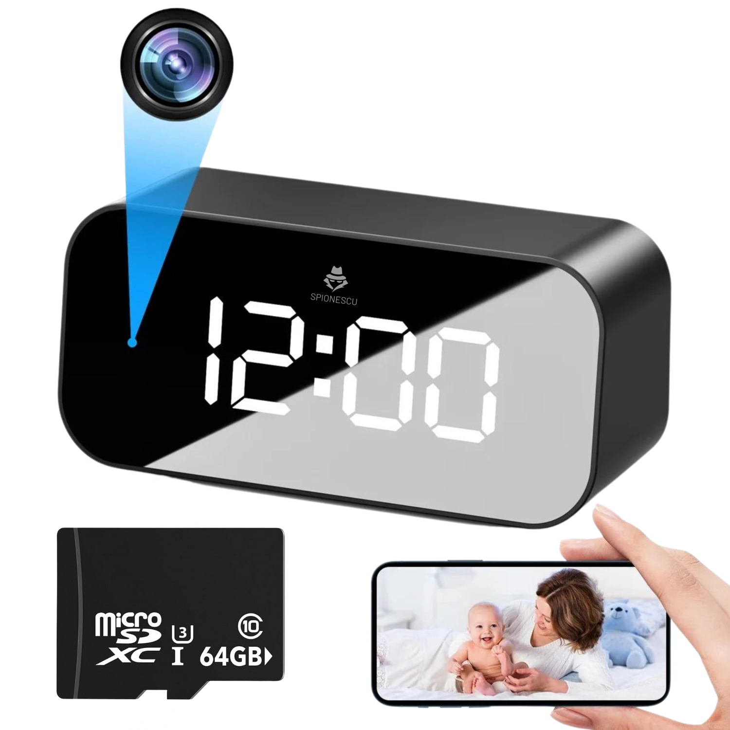 Ceas spion cu camera ascunsa, TC100, WIFI, unghi de 166°, vedere nocturna, detectarea miscarii, baterie 2500 mAh, negru