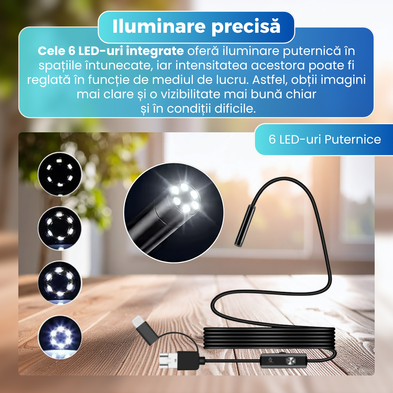 Camera Endoscop Inspectie 8 mm, Cablu Semi-Rigid 1 m, 6 LED-uri Reglabile, IP67, Compatibila Android si Windows, Foto & Video, Negru
