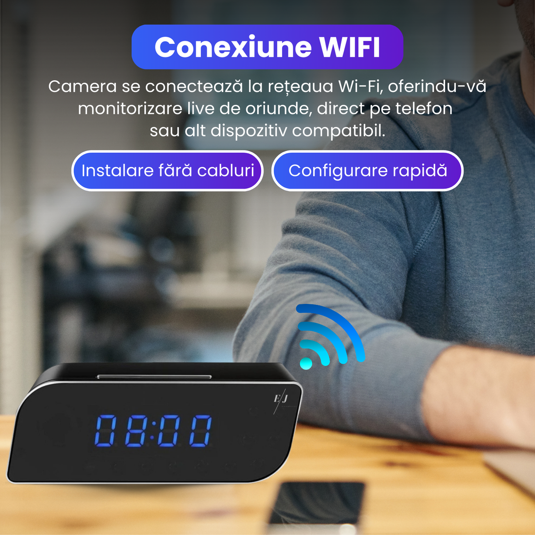 Ceas cu camera ascunsa WiFi, HD, night vision, unghi 160°, infrarosu si senzor de miscare