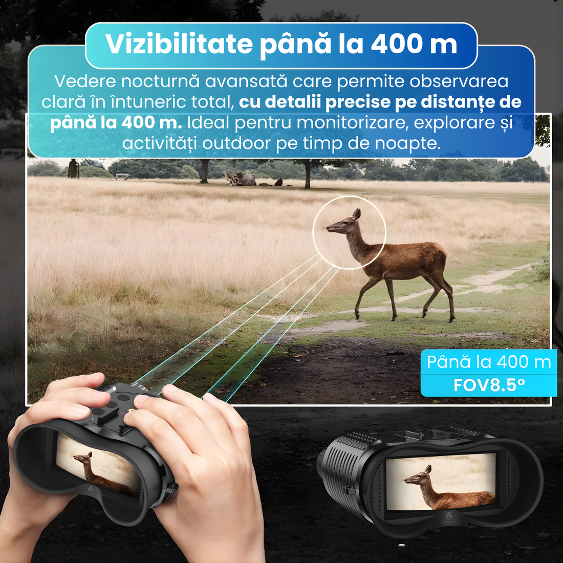 Binoclu cu vedere nocturna, Full HD 1080P, zoom digital 8x, infrarosu cu 7 niveluri, ecran TFT 2.7", vizibilitate pana la 400 m, baterie reincarcabila 3000 mAh, montare pe cap, rezistenta la apa IP54, negru