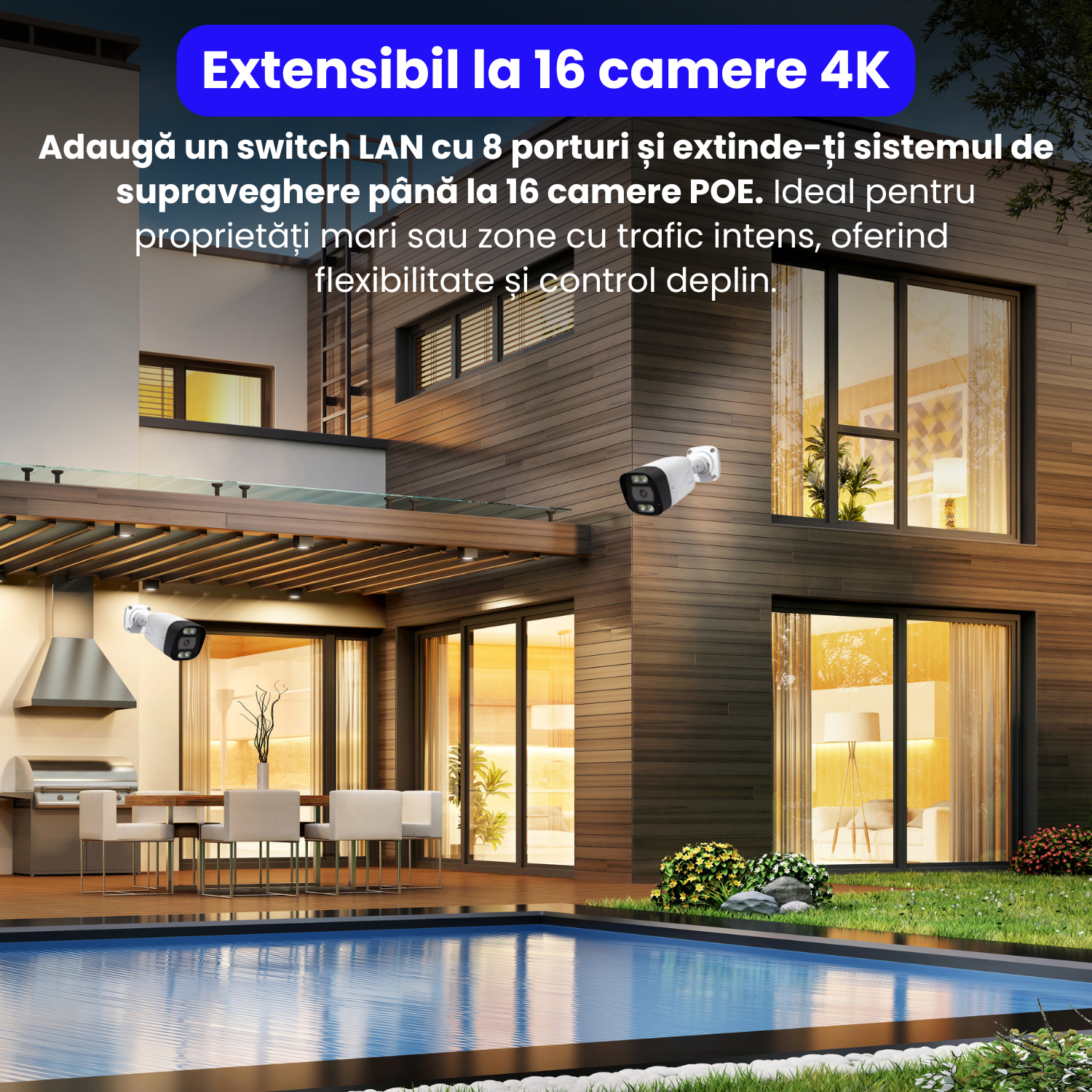 Kit complet supraveghere 4K cu DVR si 4 camere exterior, PK-8HB718, detectare faciala AI, audio bidirectional, vedere color noaptea, pana la 30m, PoE, IP66, alb