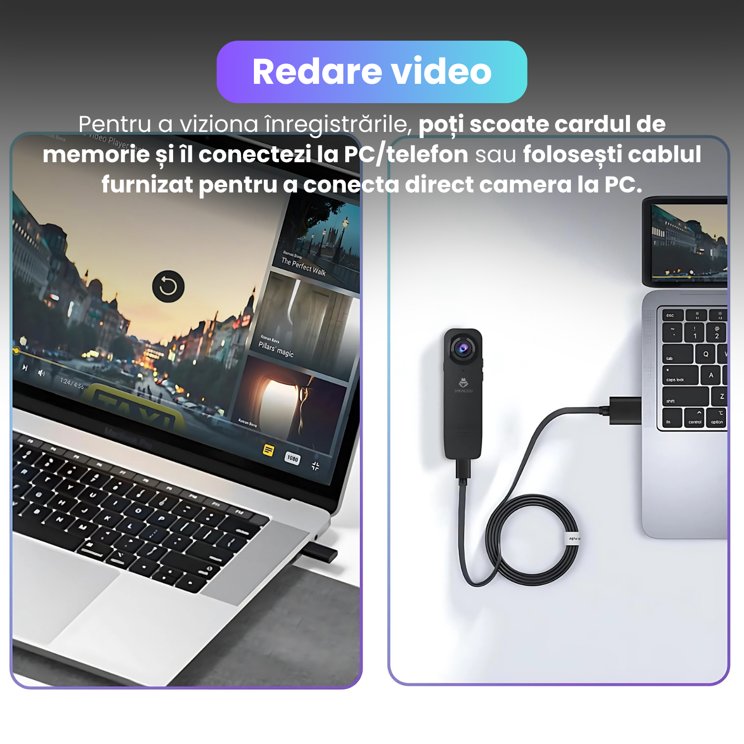 Camera video corporala, body cam 1080P, vedere nocturna, baterie 1000 mAh, unghi larg de 150°, detectare miscare, dimensiuni compacte 9.5x2.9x3.2cm, design portabil, inregistrare discreta