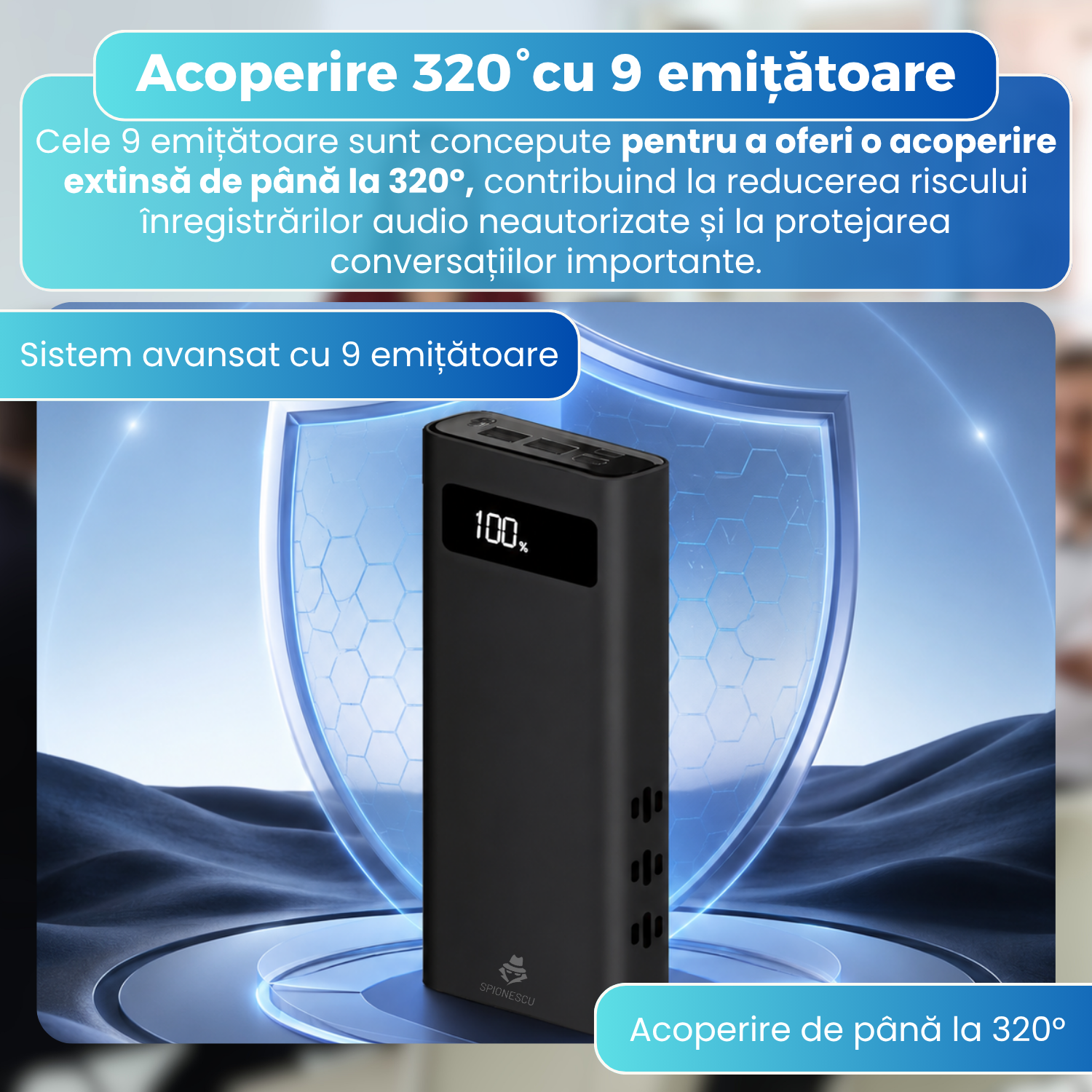 Dispozitiv anti-inregistrare 2 in 1, Power Bank 8000 mAh, Tehnologie Ultrasonica, Acoperire pana la 320°, Telecomanda Wireless, Autonomie pana la 8 Ore, Negru