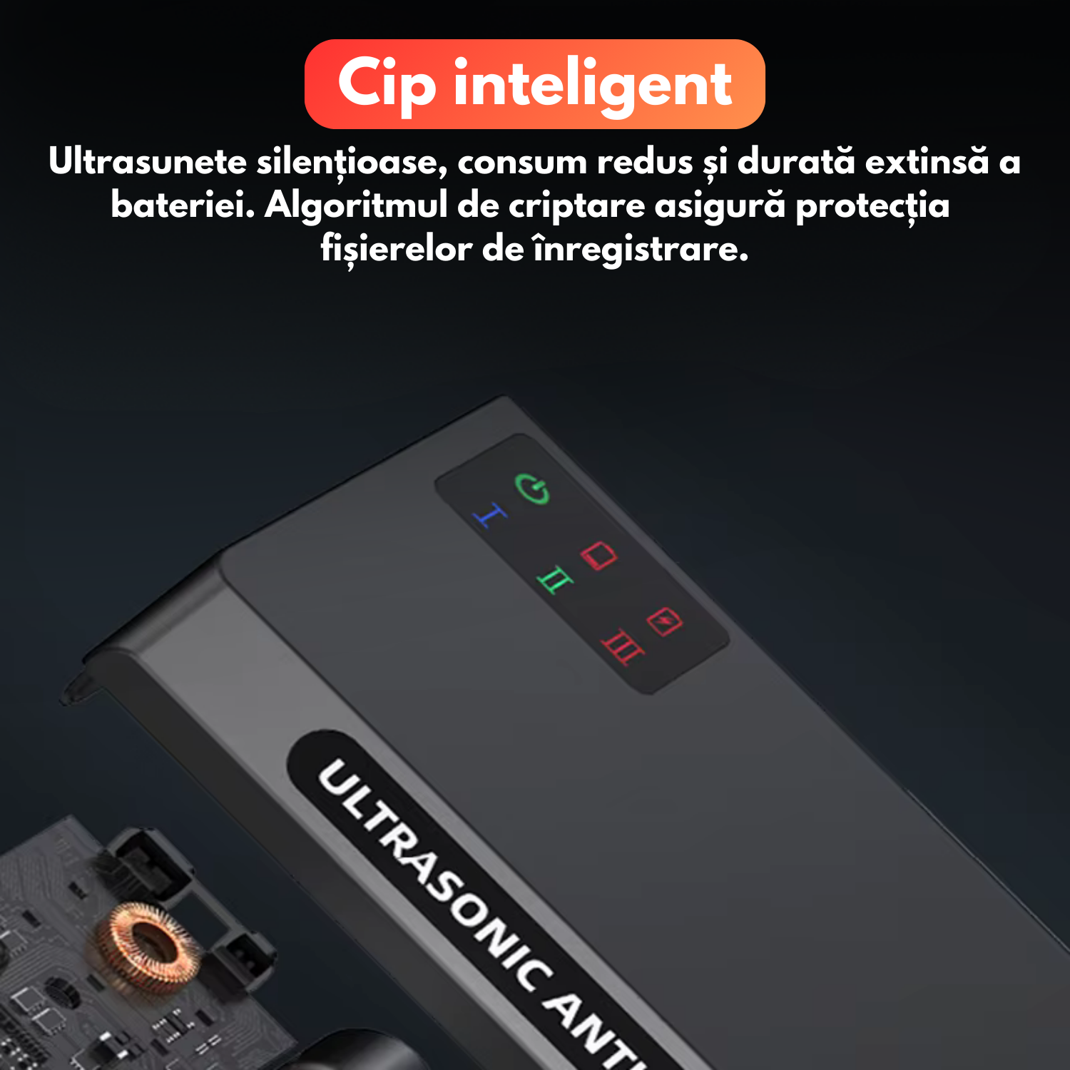Dispozitiv anti-inregistrare, tehnologie ultrasunete avansata, distorsionare sunete, autonomie 180 min, baterie 4000mAh, protectie 270°, control wireless pana la 50m