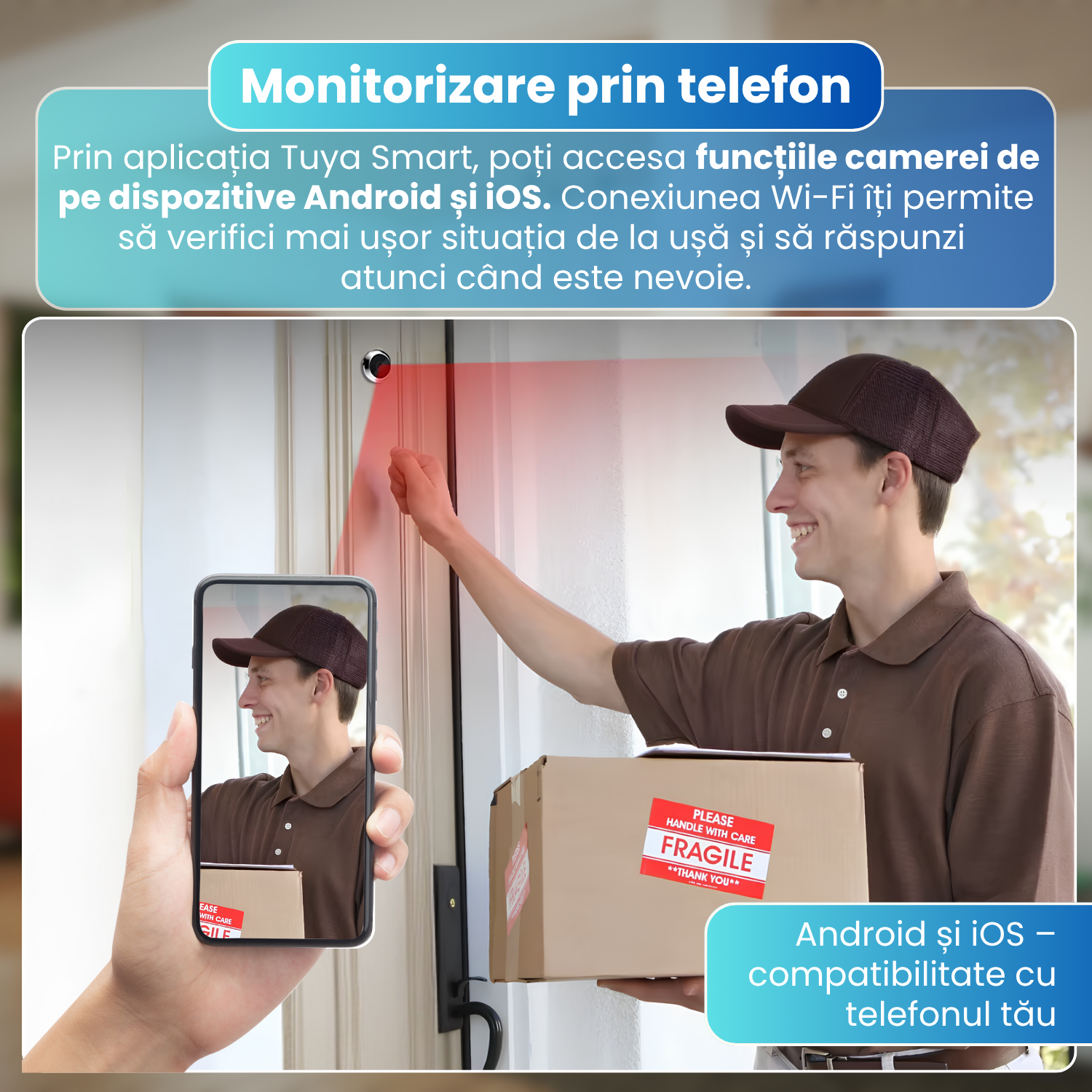 Sonerie video cu vizor digital, camera 2MP Full HD 1080P, ecran LCD 4.3 inch, WiFi 2.4GHz, Tuya Smart, detectare miscare PIR, Night Vision IR, unghi 120°, baterie 5000mAh, Cloud, gri