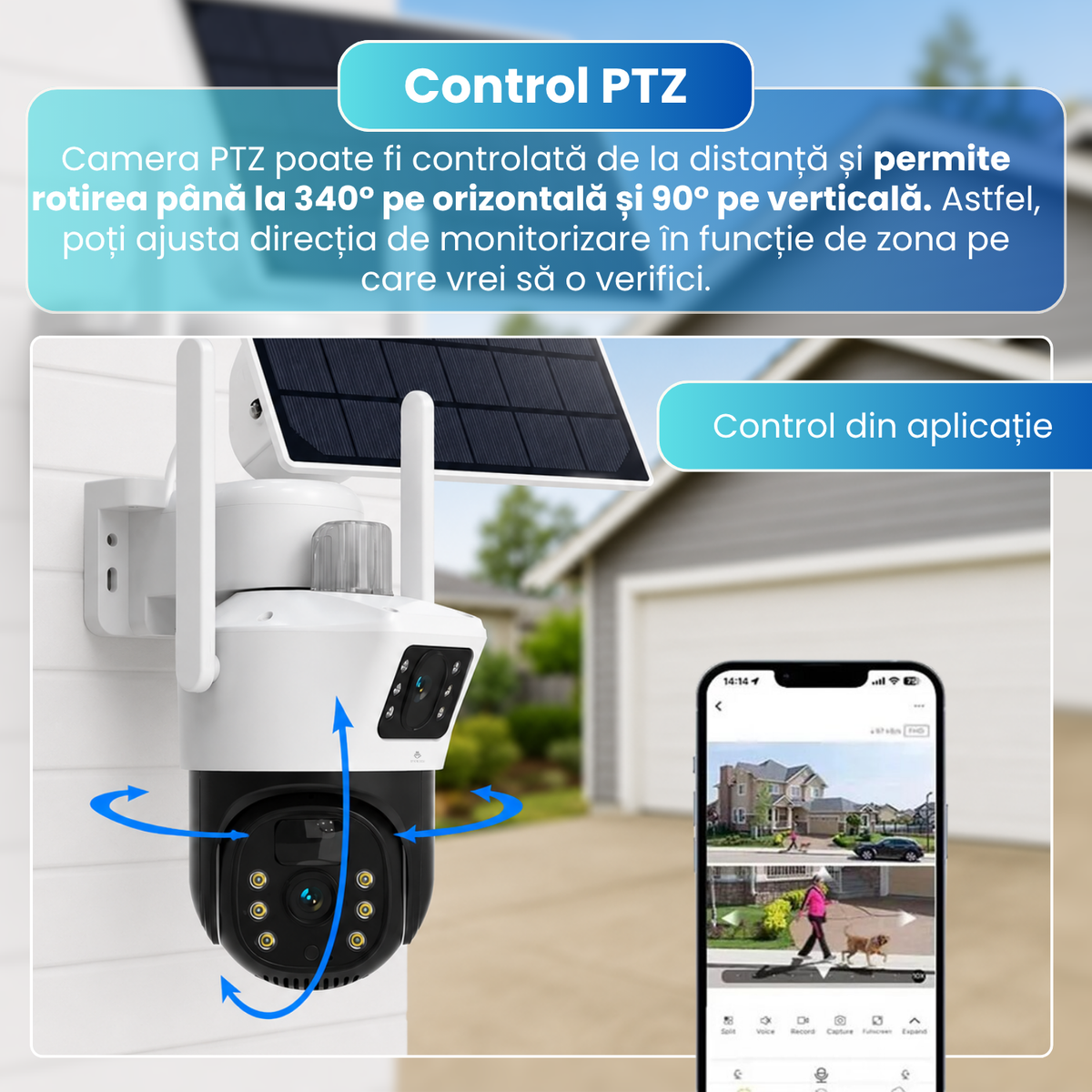 Camera supraveghere 4G cu panou solar, 6MP, PTZ 340°, urmarire automata, detectare PIR, vedere nocturna color si IR, audio bidirectional, baterie 8000mAh, IP65, alb