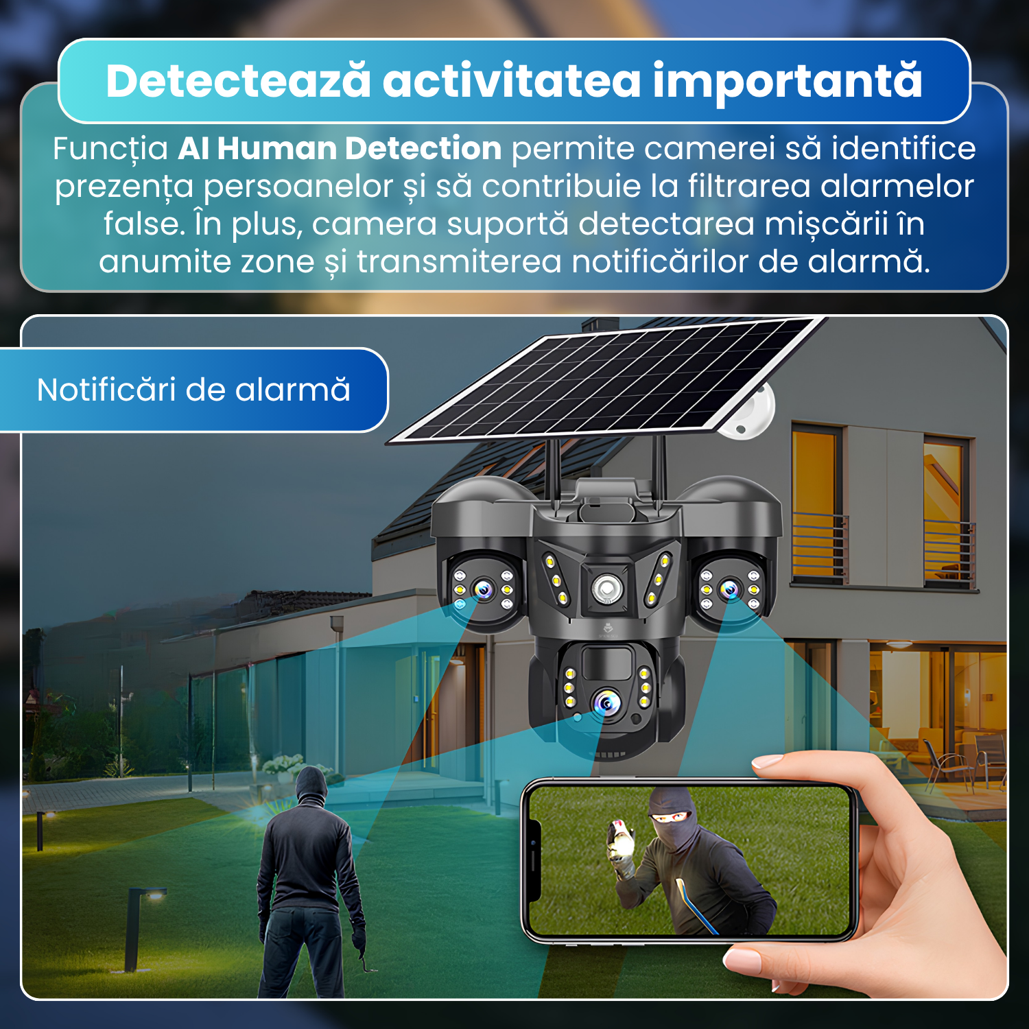 Camera de supraveghere exterior 4G, 3 lentile 12MP, 3 ecrane, AOV 24/7, PTZ, Motion Tracking, detectare AI persoane, vedere nocturna Full Color pana la 15 m, audio bidirectional, panou solar 8W, baterie 8000mAh, negru