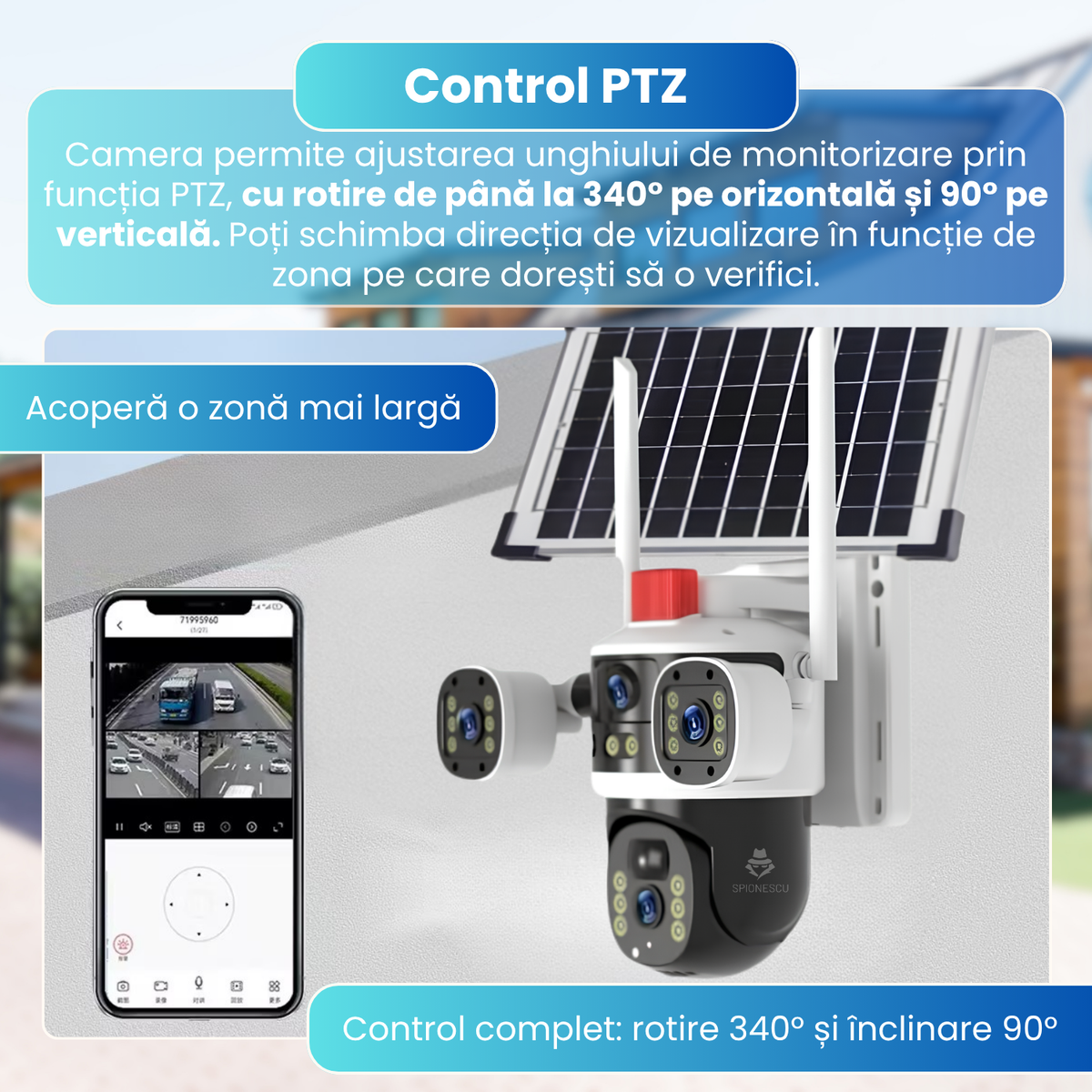 Camera supraveghere exterior 4G cu panou solar, 6MP, 3 lentile, PTZ 340°, detectare PIR, urmarire automata, vedere nocturna color si IR, audio bidirectional, baterie 8000mAh, IP65, alb