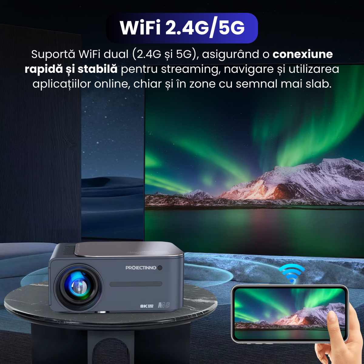 Videoproiector 3D, Full HD 1080p (suport semnal 4K), M8, Proiectinno, 16 GB, Android 9.0, Bluetooth 5.0, WiFi 2.4G/5G, audio Dolby, corectie trapezoidala, 400 ANSI, portabil, negru
