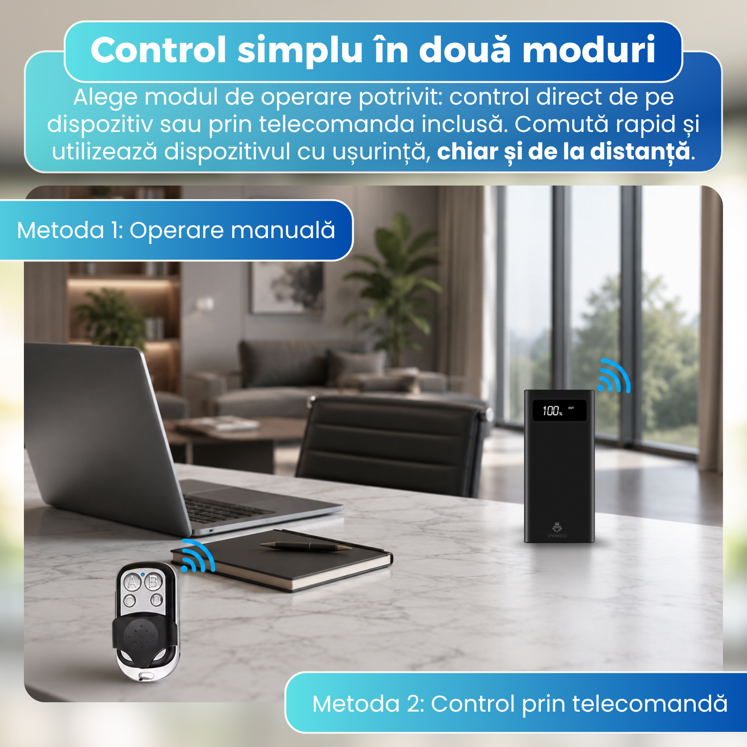 Dispozitiv anti-inregistrare 2 in 1, Power Bank 8000 mAh, Tehnologie Ultrasonica, Acoperire pana la 320°, Telecomanda Wireless, Autonomie pana la 8 Ore, Negru