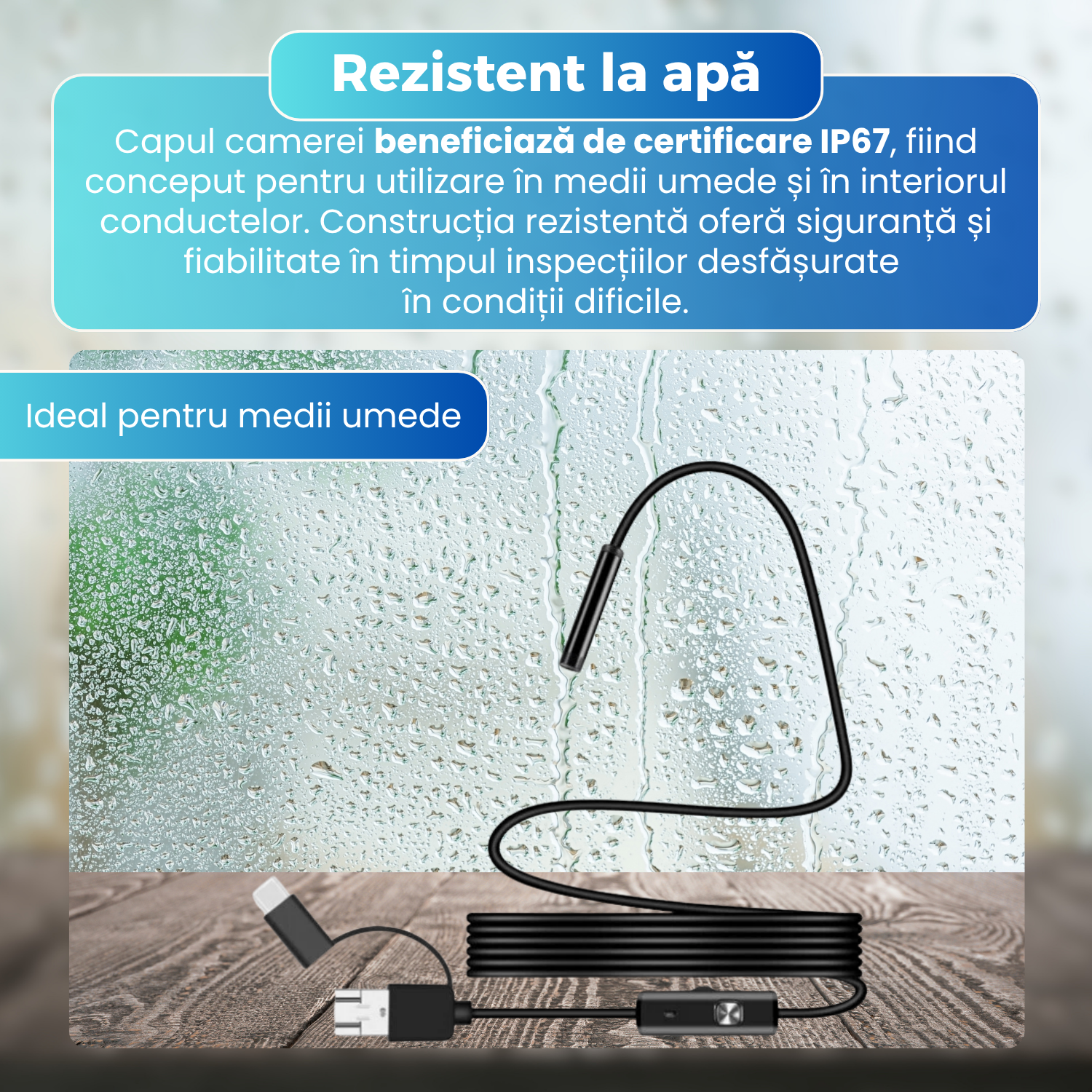 Camera Endoscop Inspectie 8 mm, Cablu Semi-Rigid 1 m, 6 LED-uri Reglabile, IP67, Compatibila Android si Windows, Foto & Video, Negru