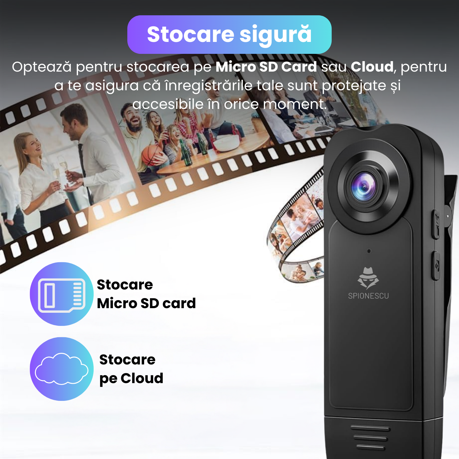 Camera video corporala, body cam 1080P, vedere nocturna, baterie 1000 mAh, unghi larg de 150°, detectare miscare, dimensiuni compacte 9.5x2.9x3.2cm, design portabil, inregistrare discreta