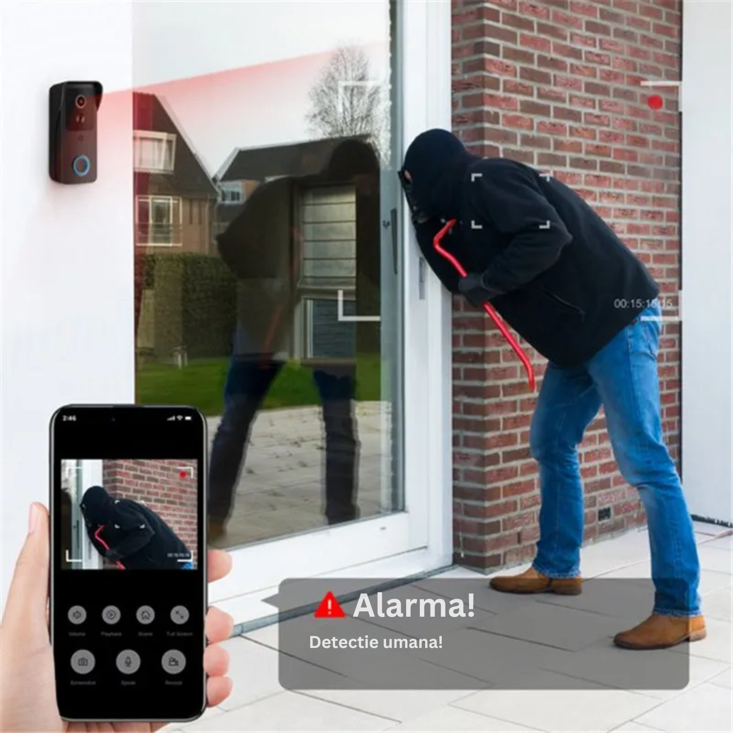 Sonerie inteligenta video cu alarma, rezistenta la apa, infrarosu night vision, sunet bidirectional, acumulatori inclusi, wireless 2.4G si 5G, control aplicatie, negru
