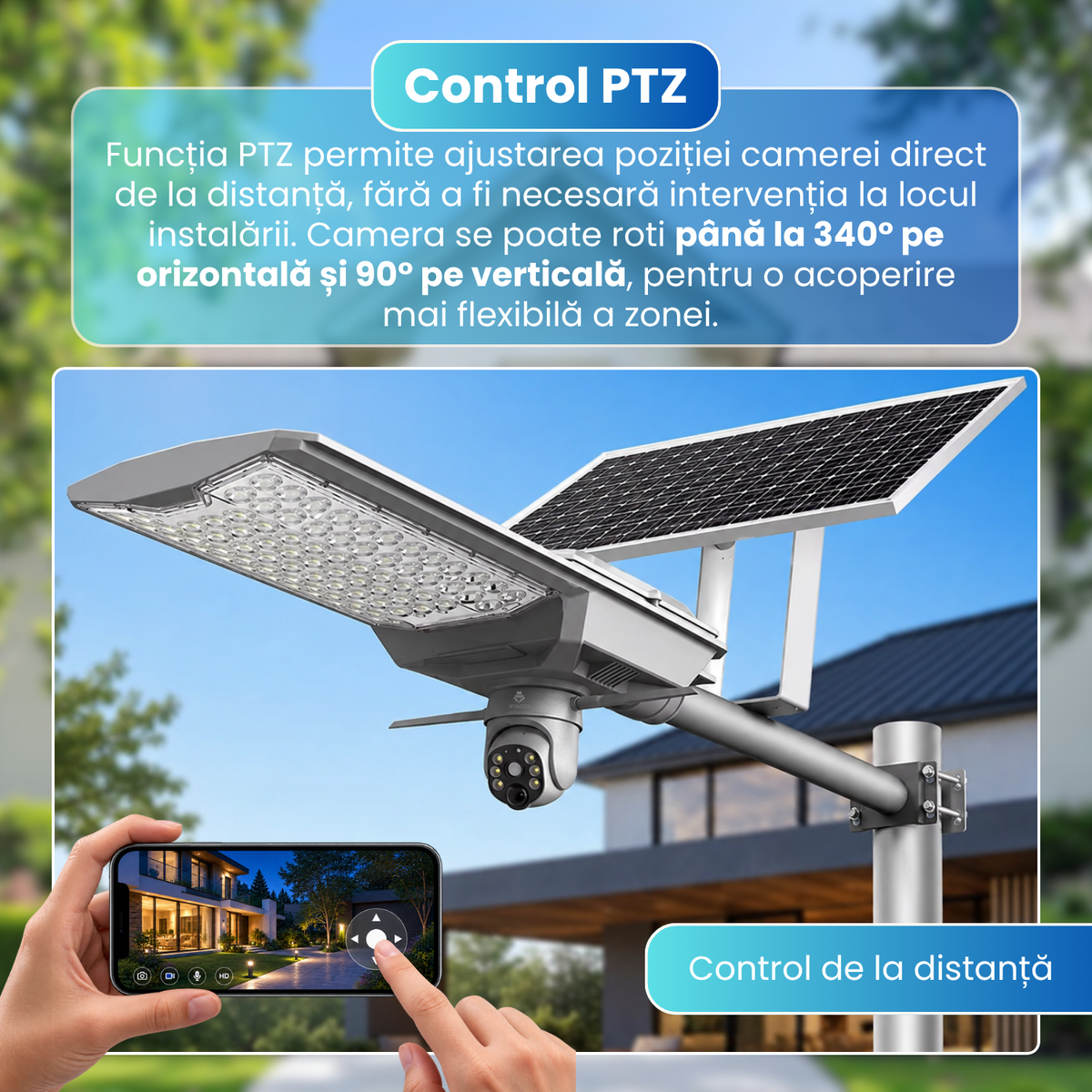 Lampa stradala LED cu camera supraveghere 4G, 4MP, PTZ 340°, urmarire automata, panou solar monocristalin 42W, baterie 42Ah, 78 LED-uri 5054, senzor PIR, vedere nocturna color si IR, audio bidirectional, IP65, gri