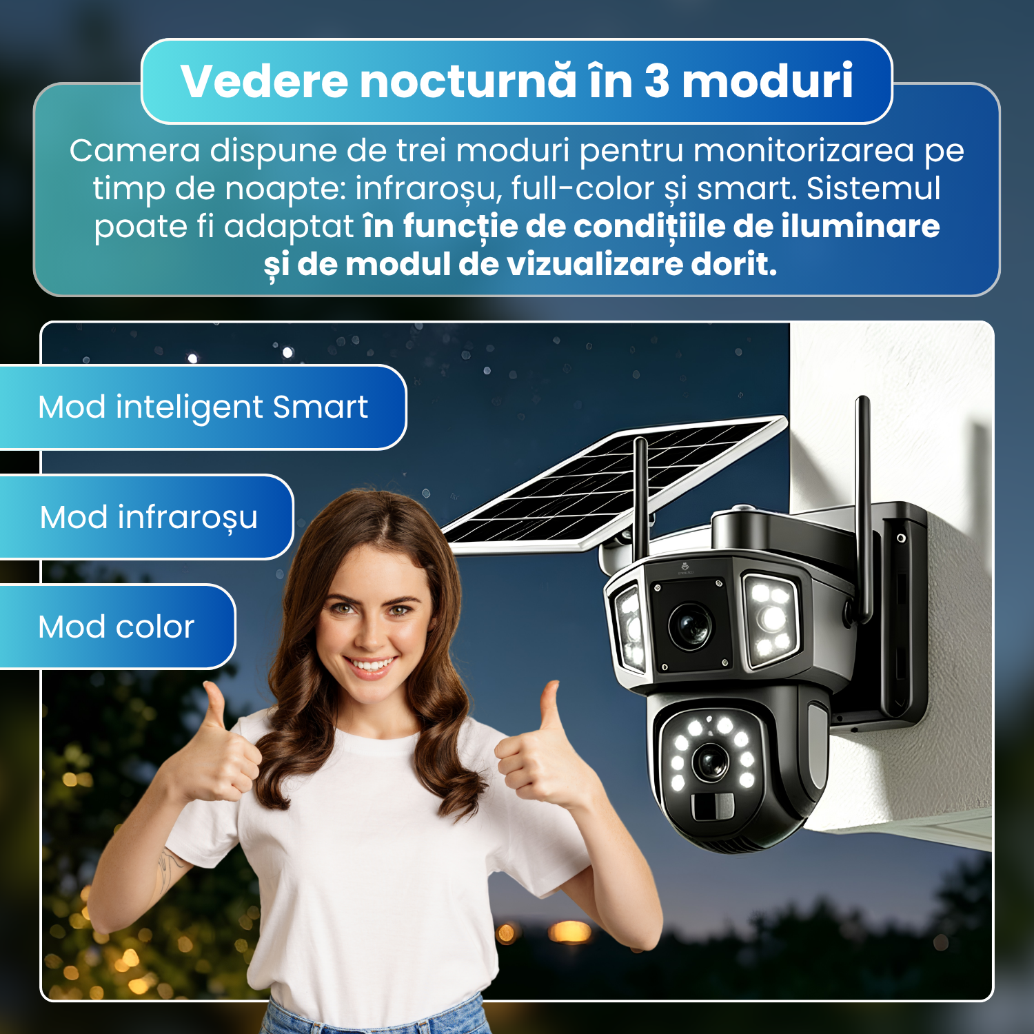 Camera de supraveghere exterior 4G cu panou solar, 6MP Dual Lens, PTZ 355°, detectare PIR persoane, vedere nocturna color, audio bidirectional, baterie 8000mAh, IP66, negru