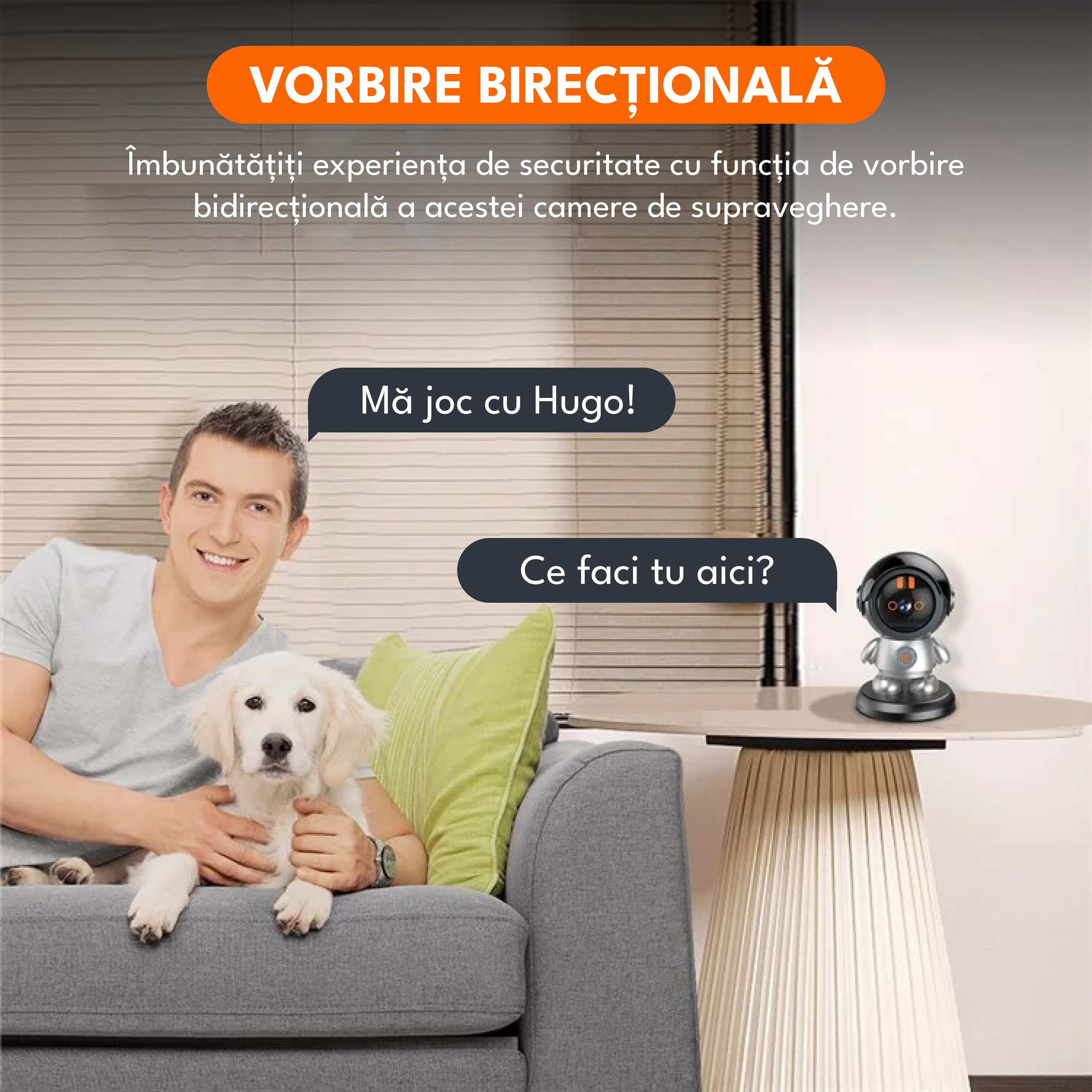 Camera de supraveghere tip robot 2 MP, functie baby monitor, MP3, rotire 360 grade, Full HD 1080P, Wi-Fi, mod noapte, urmarire automata, vorbire birectionala, stocare in cloud