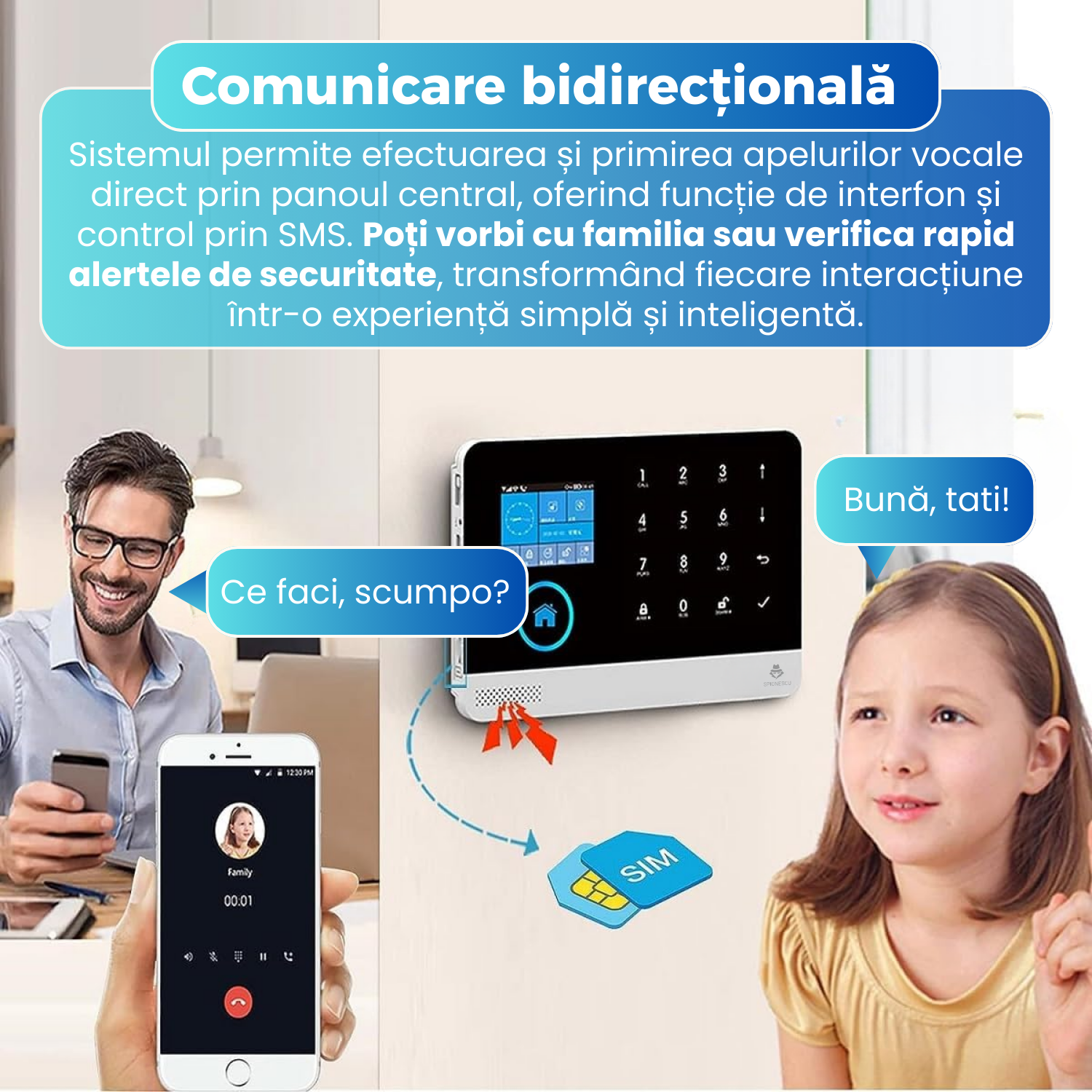Sistem de alarma wireless inteligent, ACJ-401, WiFi si GSM, ecran color touchscreen, control prin aplicatie Tuya Smart / Smart Life, apel SMS notificari, suport senzori PIR, usa, fum, gaz, RFID, alb