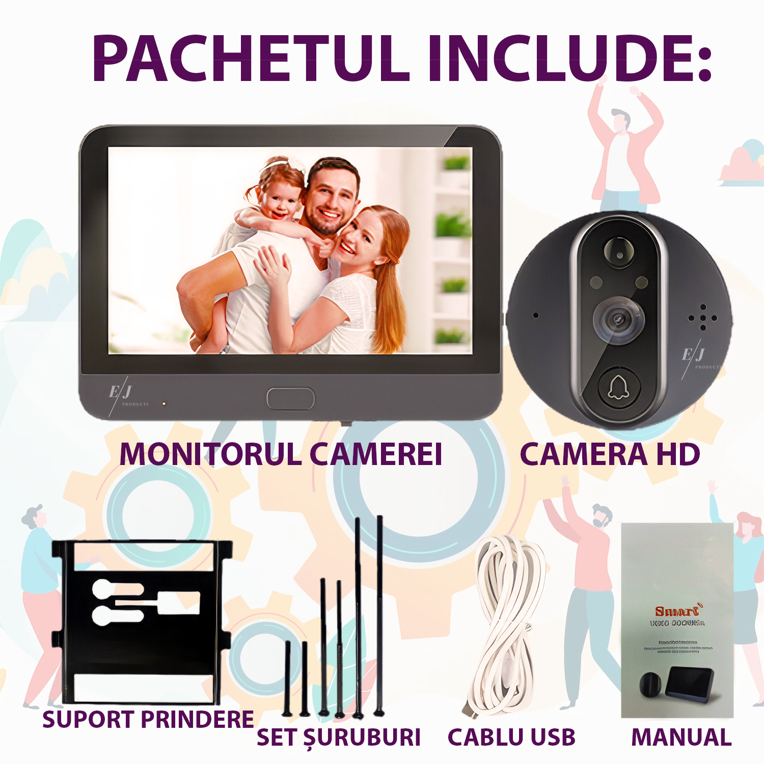 Sonerie video, WiFi, ecran LCD 4,3" , 1080P, baterie 5000mAh, unghi de vizualizare 120º, night vision, notificari in timp real, senzor miscare, comunicare bidirectionala