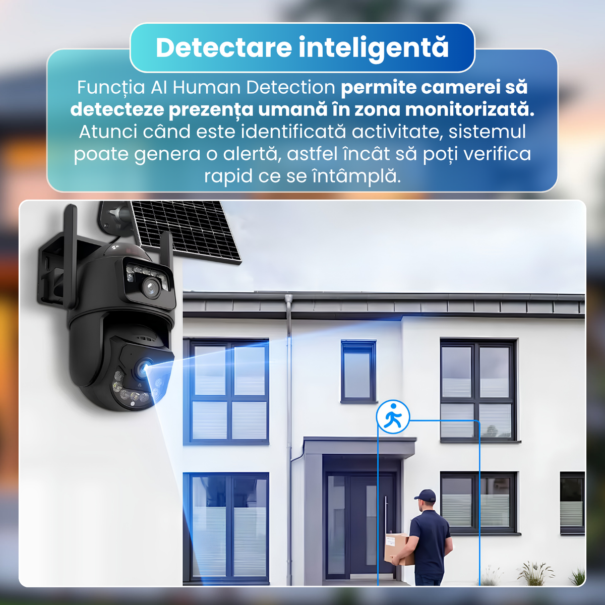 Camera de supraveghere exterior 4G, Dual Lens 6MP, IP66, panou solar, baterie 9000mAh, PTZ 355°, detectare persoane AI, vedere nocturna color, audio bidirectional, negru
