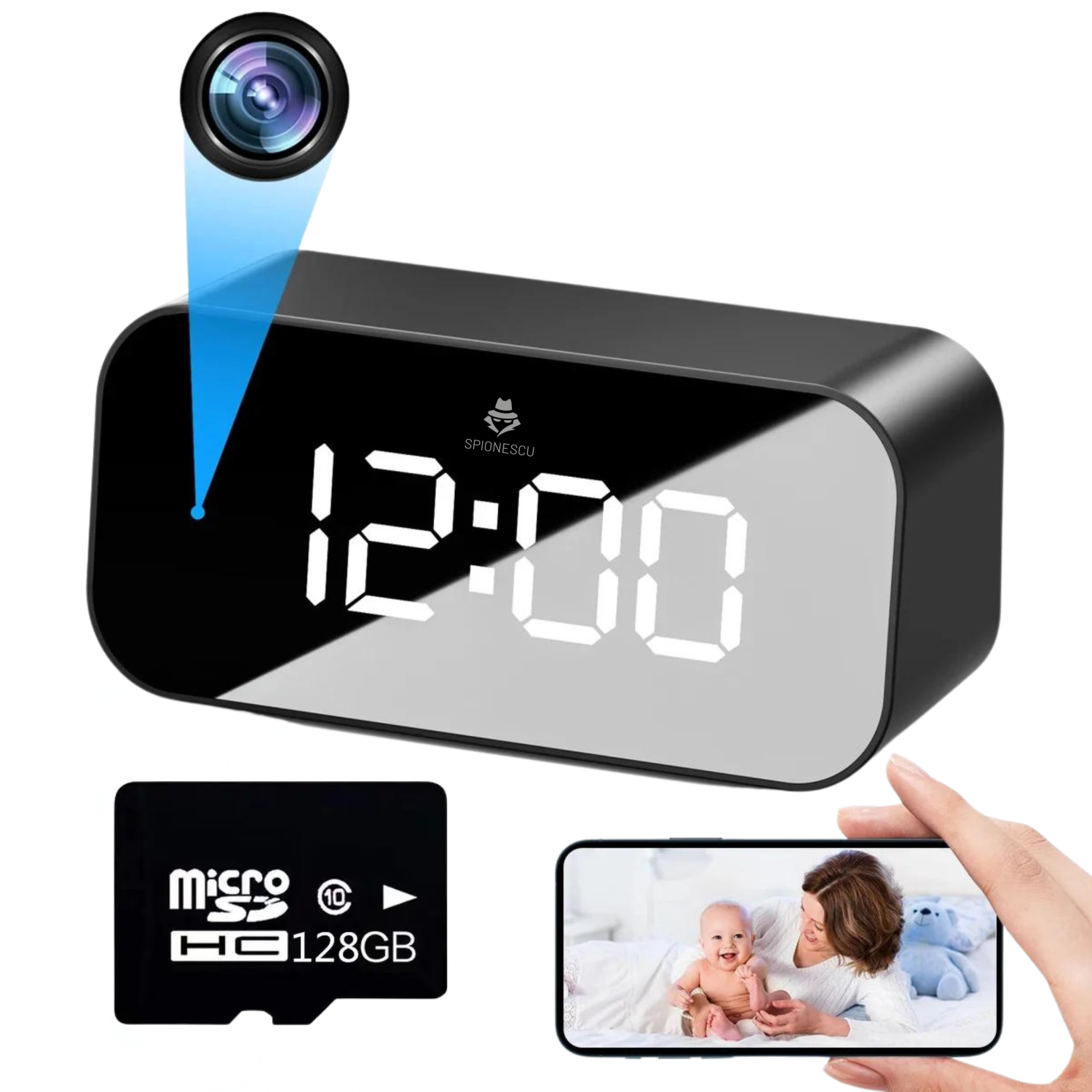 Ceas spion cu camera ascunsa, TC100, WIFI, unghi de 166°, vedere nocturna, detectarea miscarii, baterie 2500 mAh, negru