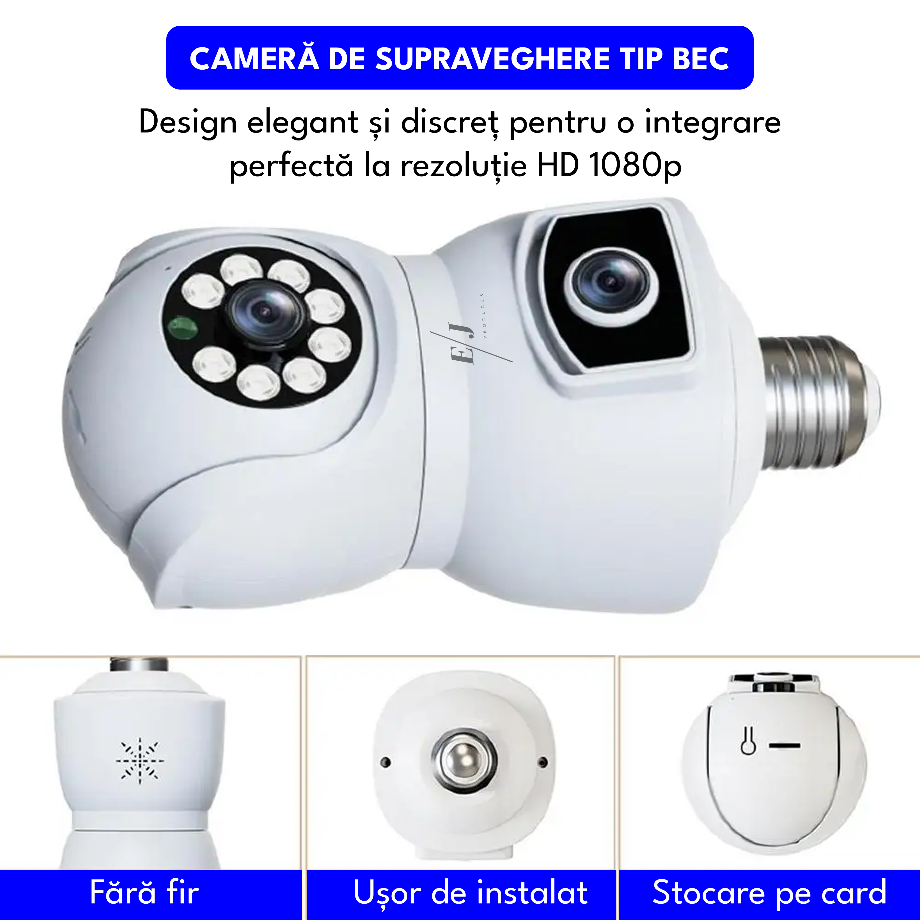 Camera de supraveghere dubla tip bec, E9, V380 PRO,  4MP, 360° panoramic, 1080P, port microSD, detectare a miscarii, alarma, vedere nocturna, PTZ, WiFi, alb
