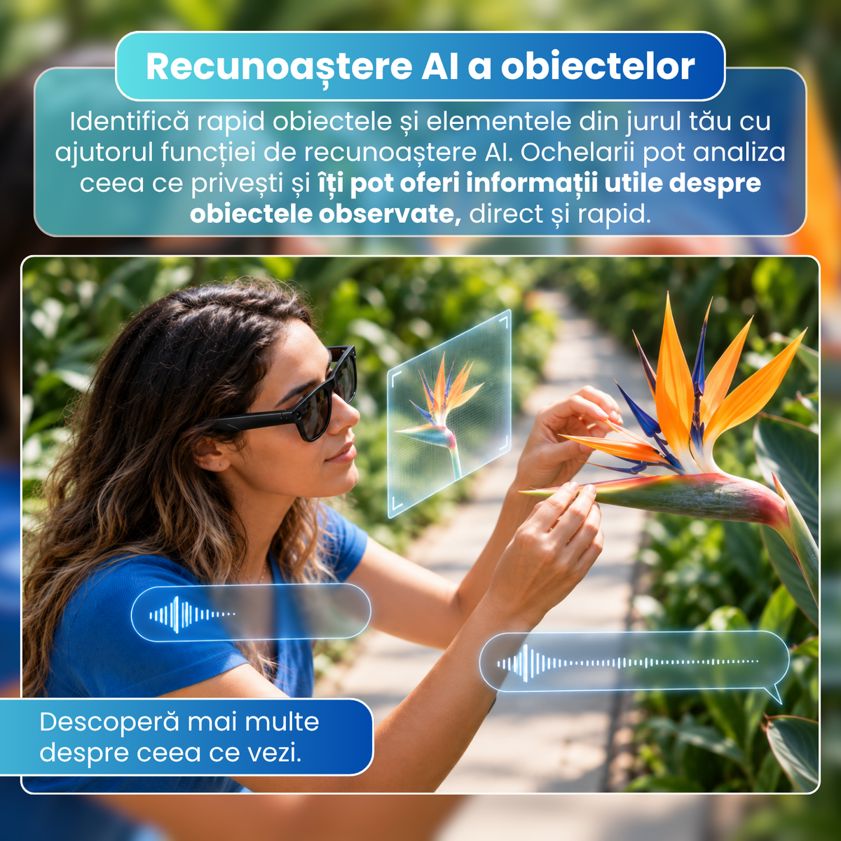 Ochelari inteligenti cu camera 8 MP, traducere AI, audio wireless, microfon integrat, asistenta AI, baterie 290 mAh, rama PC, 40 g, negru