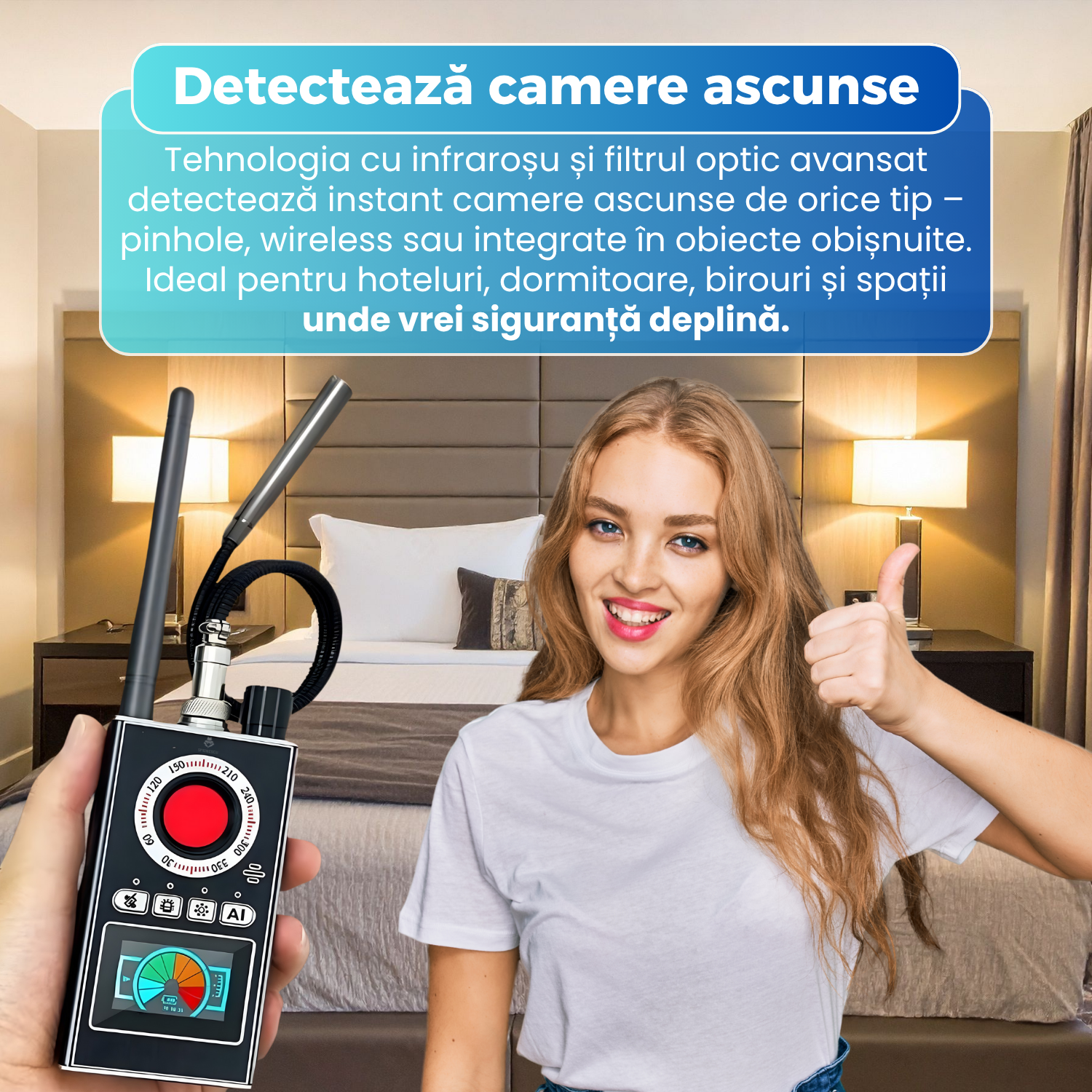 Detector aparate spionaj, K88, frecventa 1–8000 MHz, detectare camere ascunse, GPS si WiFi, infraros