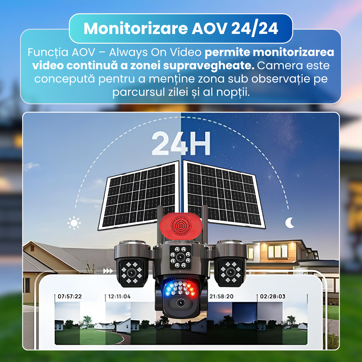Camera de supraveghere exterior 4G, 4 lentile 20MP, AOV 24/24, PTZ, zoom digital 12X, detectare AI persoane, Motion Tracking, vedere nocturna 4 moduri, alarma luminoasa si sonora, panou solar 15W, baterie 12000mAh, audio bidirectional, negru