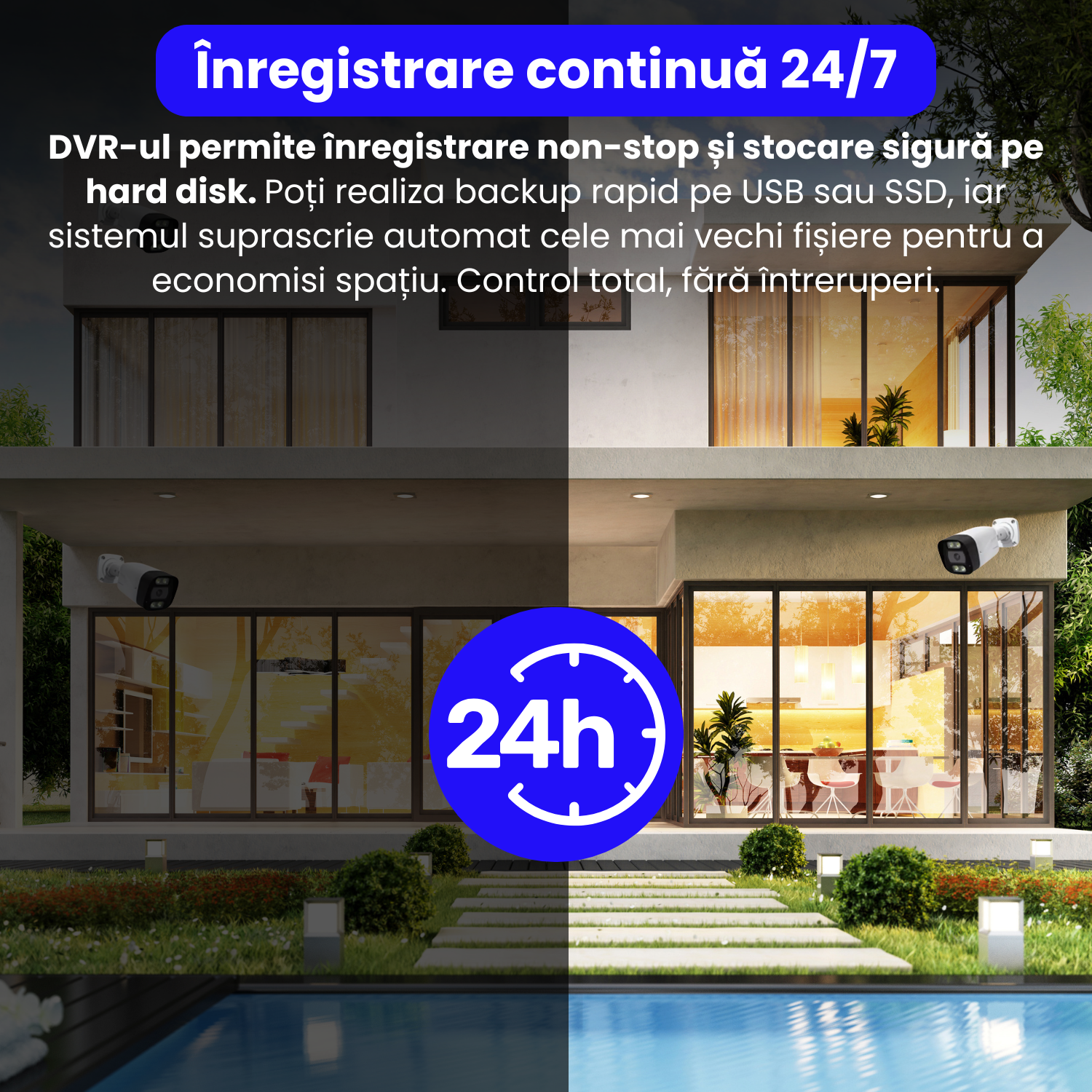 Kit complet supraveghere 4K cu DVR si 4 camere exterior, PK-8HB718, detectare faciala AI, audio bidirectional, vedere color noaptea, pana la 30m, PoE, IP66, alb